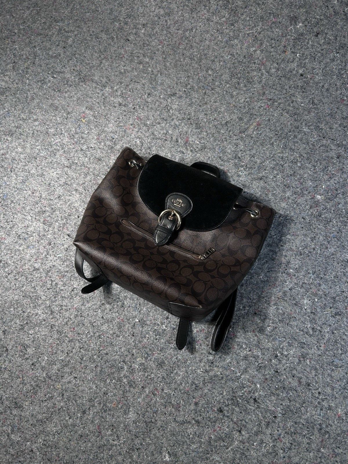 Coach Coach Signature Canvas Backpack Brown Black Suede Flap 