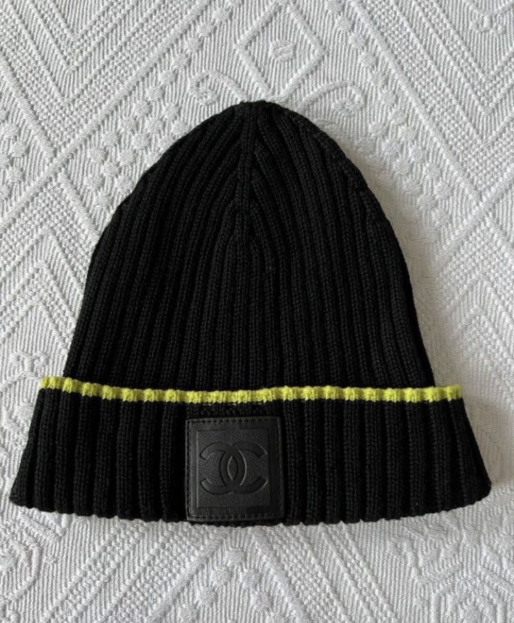 image of Chanel Wool Cozy Logo Patch Hat Beanie in Black, Men's