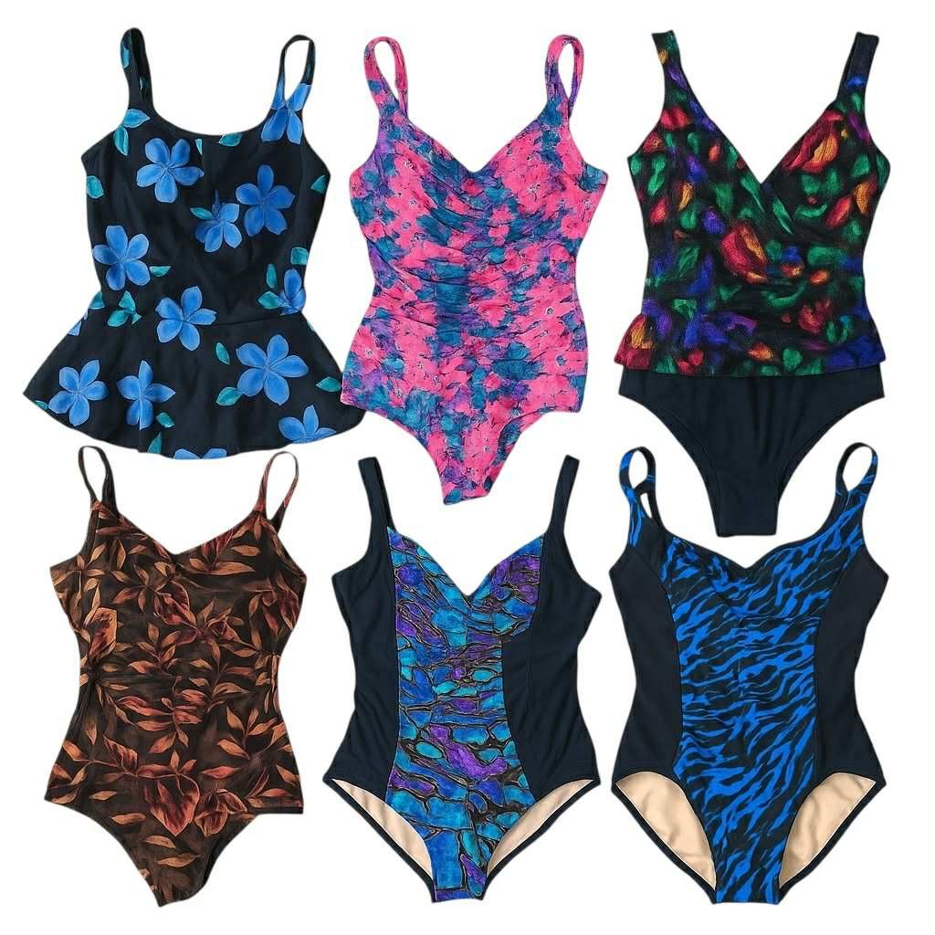 Other 6 VINTAGE 80s Bathing Suits Swim One Piece Floral Skirt LG Size ONE SIZE - 1 Thumbnail