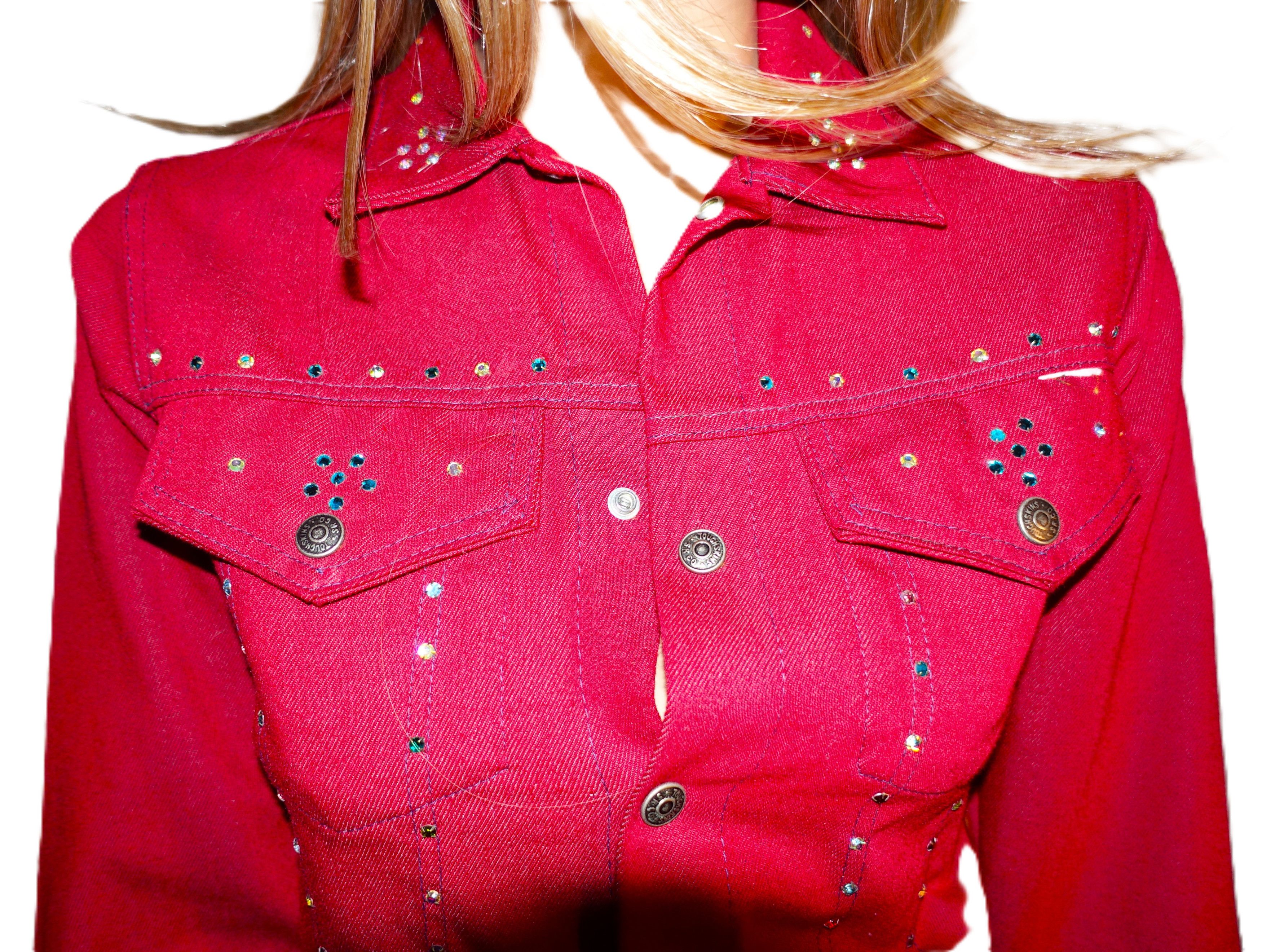 Vintage Vintage Put on Shop Burgundy Crystals Jean Jacket 14 XS Size XS / US 0-2 / IT 36-38 - 3 Thumbnail