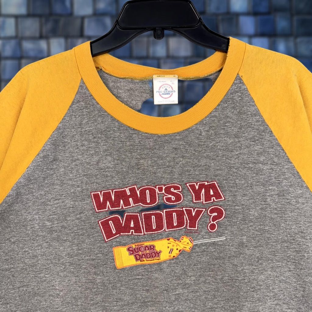 Delta VINTAGE Delta Pro Weight Sugar Daddy Shirt Mens XL Gray Yellow WHO'S YA DADDY Graphic Tee Size US XL / EU 56 / 4 - 1 Thumbnail
