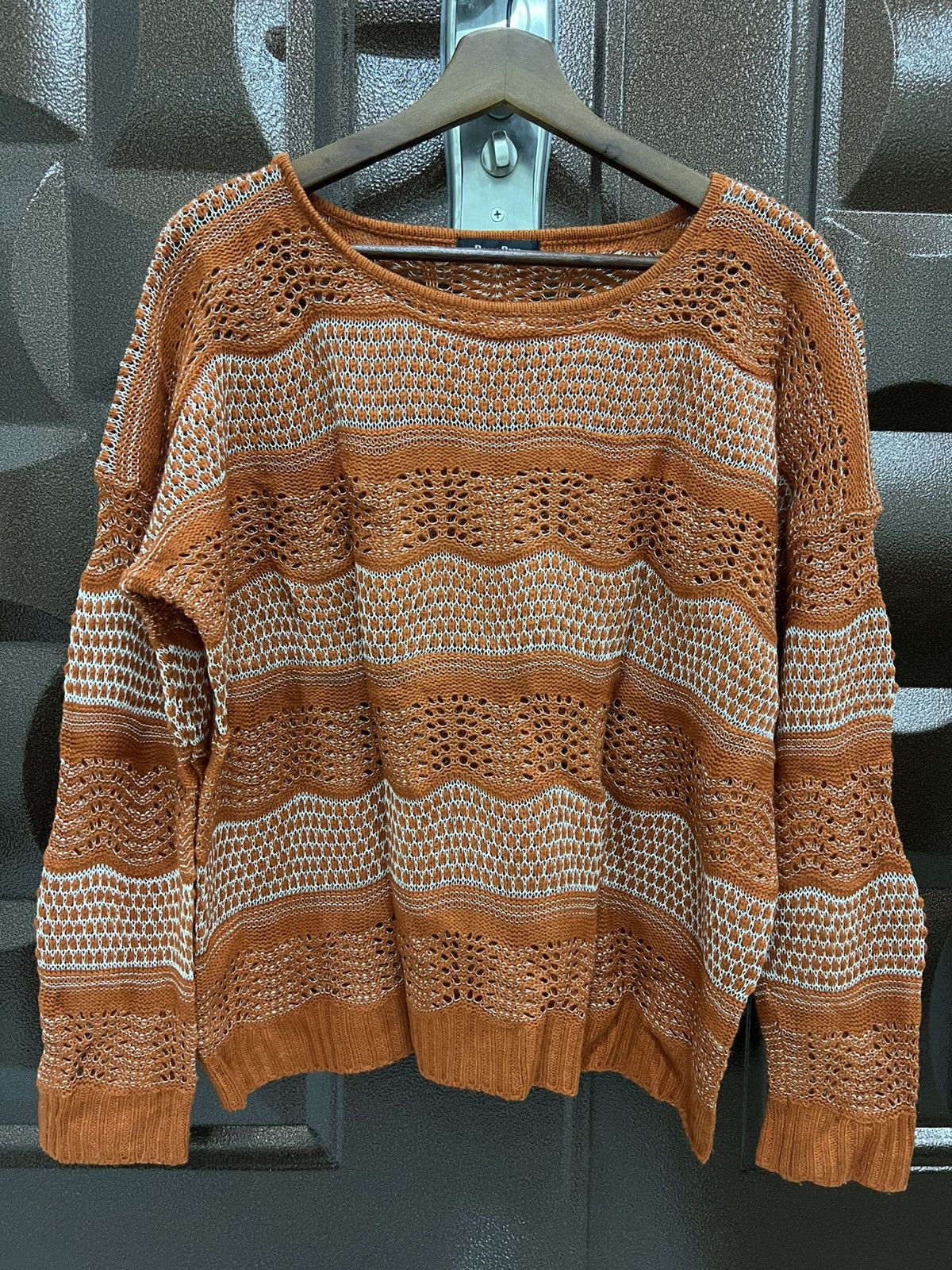 Japanese Brand ROMAREED Orange Crochet Transparent Breathable Knit Sweater Size L / US 10 / IT 46 - 2 Thumbnail
