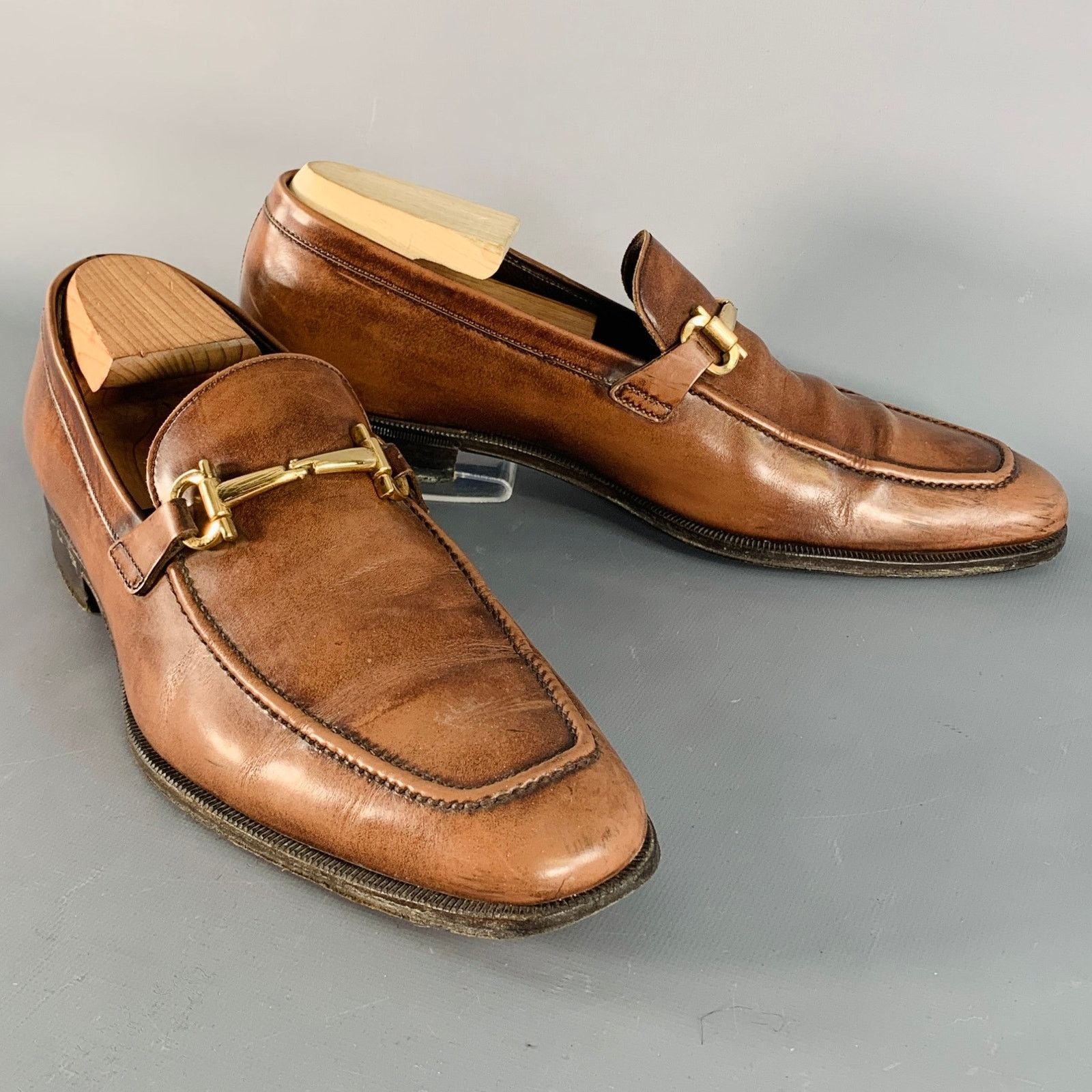Salvatore Ferragamo SALVATORE FERRAGAMO Brown Gold Leather Horsebit Loafers Size US 7 / EU 40 - 1 Thumbnail