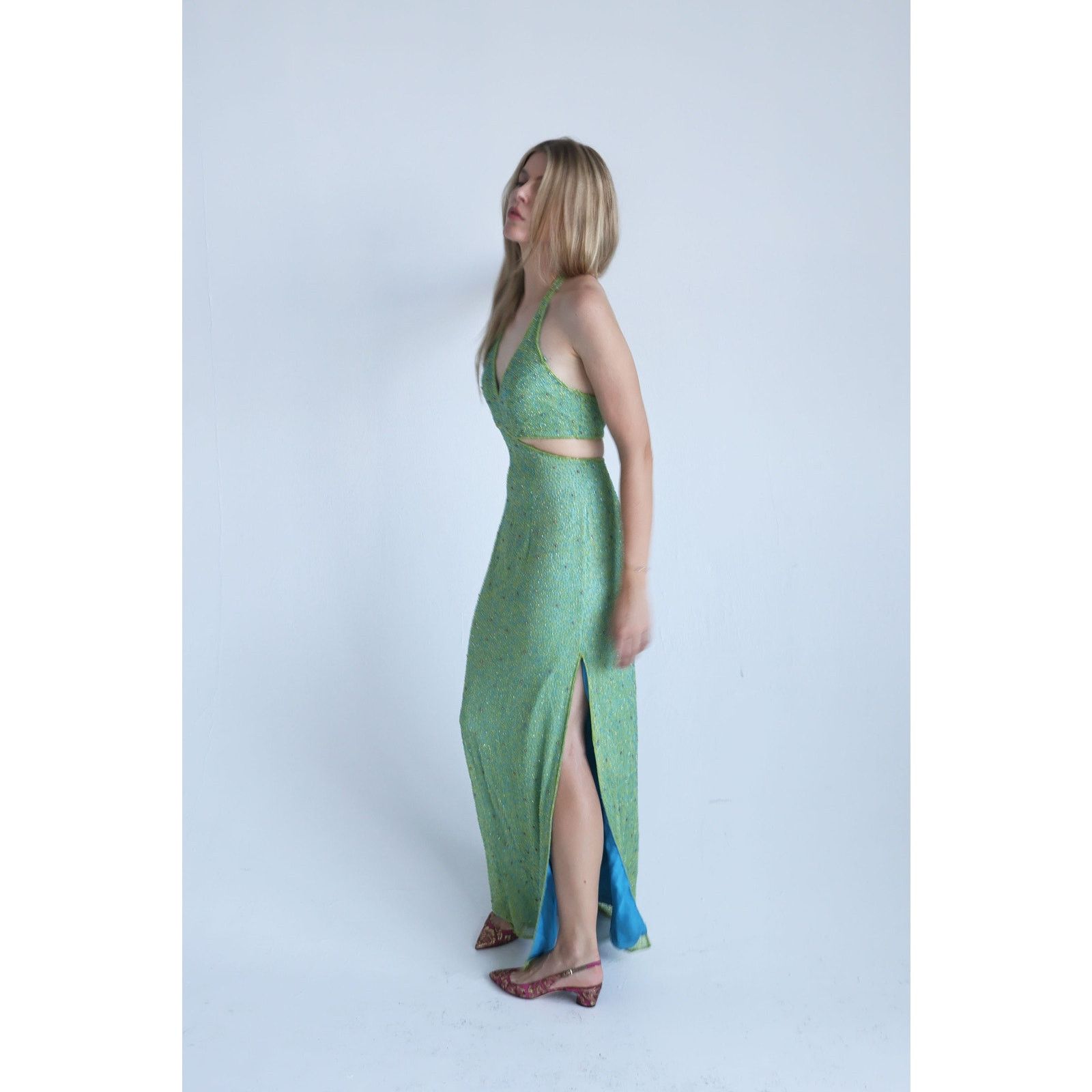 Vintage Vintage Scala Y2K Green Silk Beaded Cutout Open Back Dress Size M / US 6-8 / IT 42-44 - 7 Thumbnail