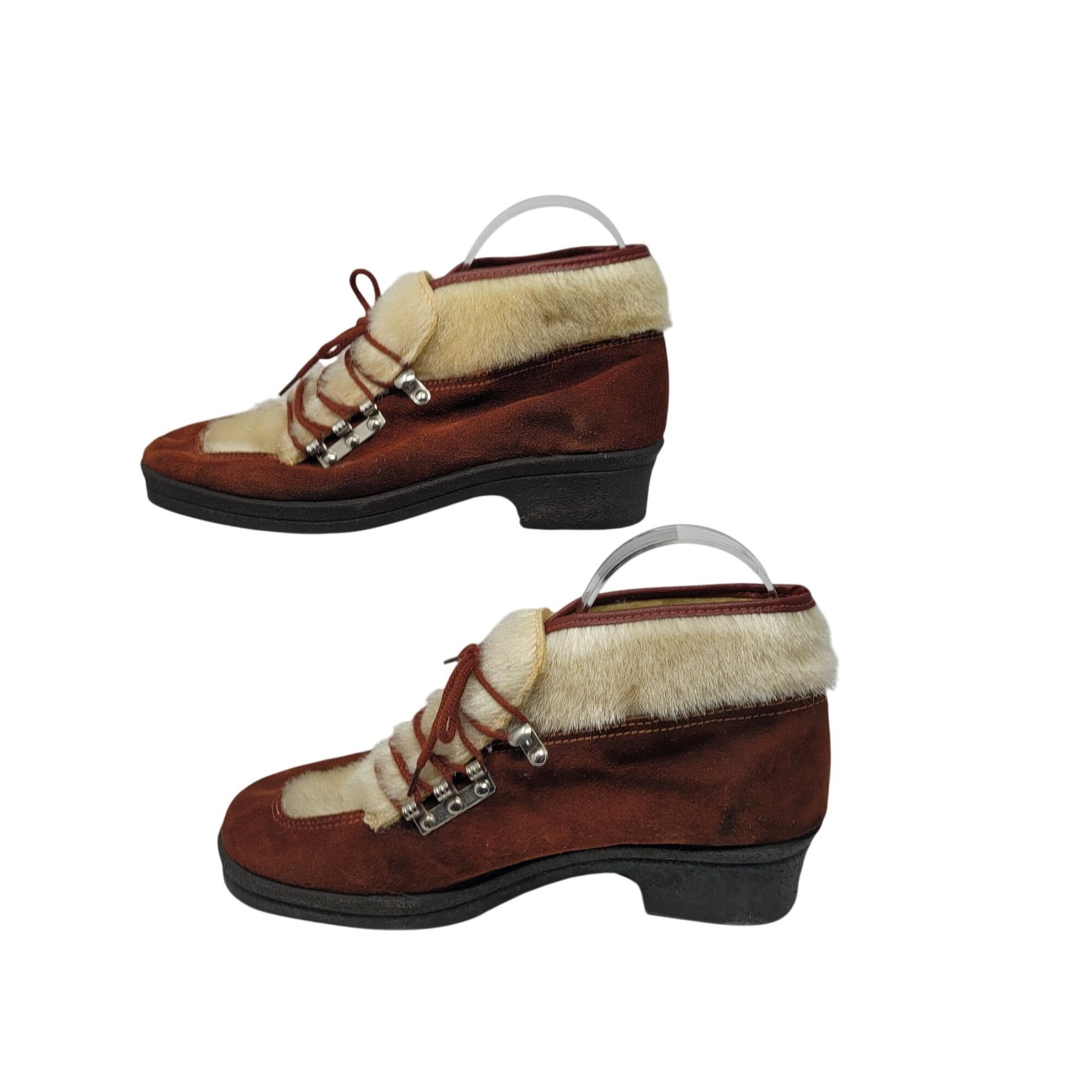 Vintage Vtg Italian Snow Boots Rust Suede Cream Faux Fur Lace-Up Ank Size US 6 / IT 36 - 9 Thumbnail