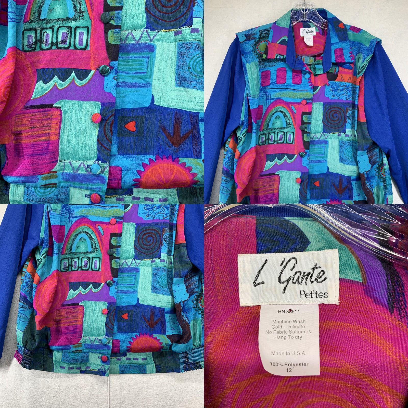 Vintage VINTAGE L ‘Gante PETITES Vibrant Hearts Stars Print Long Sleeve Button-Up 80s Polyester Shirt Size 12P Blues Women Size XL / US 12-14 / IT 48-50 - 8 Thumbnail