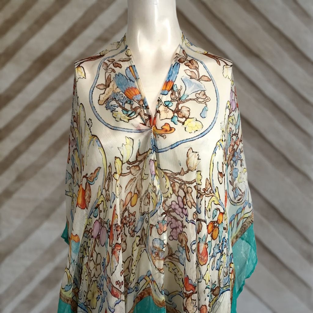 Soft Surroundings Soft Surroundings Kimono Wrap Shirt Womens S Teal Floral Bird Print Cupro Beaded Lightweight Bohemian Size S / US 4 / IT 40 - 1 Thumbnail