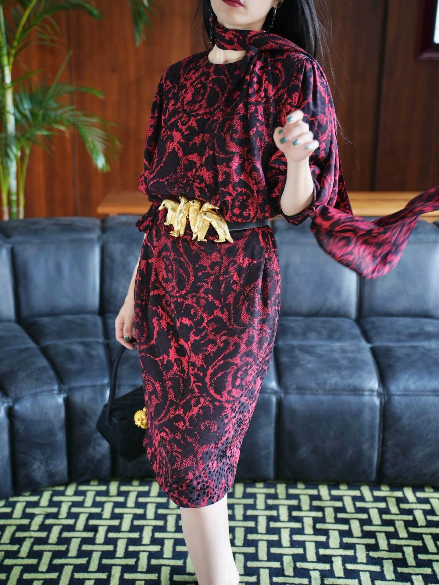 Oscar De La Renta Oscar de la Renta Vintage Red Black Floral Dress M Size M / US 6-8 / IT 42-44 - 6 Thumbnail