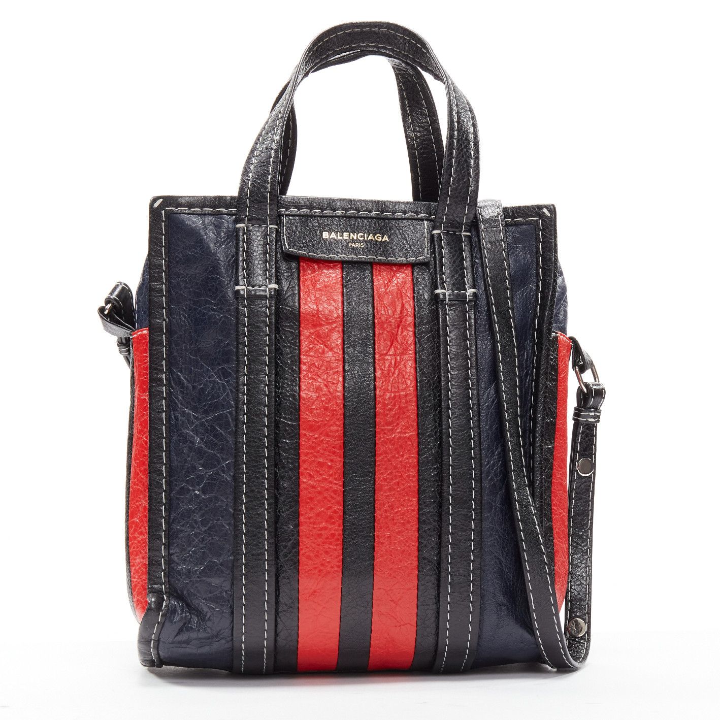Balenciaga BALENCIAGA Bazar navy red striped leather top handle crossbody bag Size ONE SIZE - 1 Thumbnail