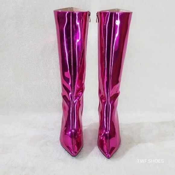 Other Static Shiny Metallic Fuchsia Knee Boots 3" Kitten Heels (US Size US 11 / IT 41 - 2 Thumbnail