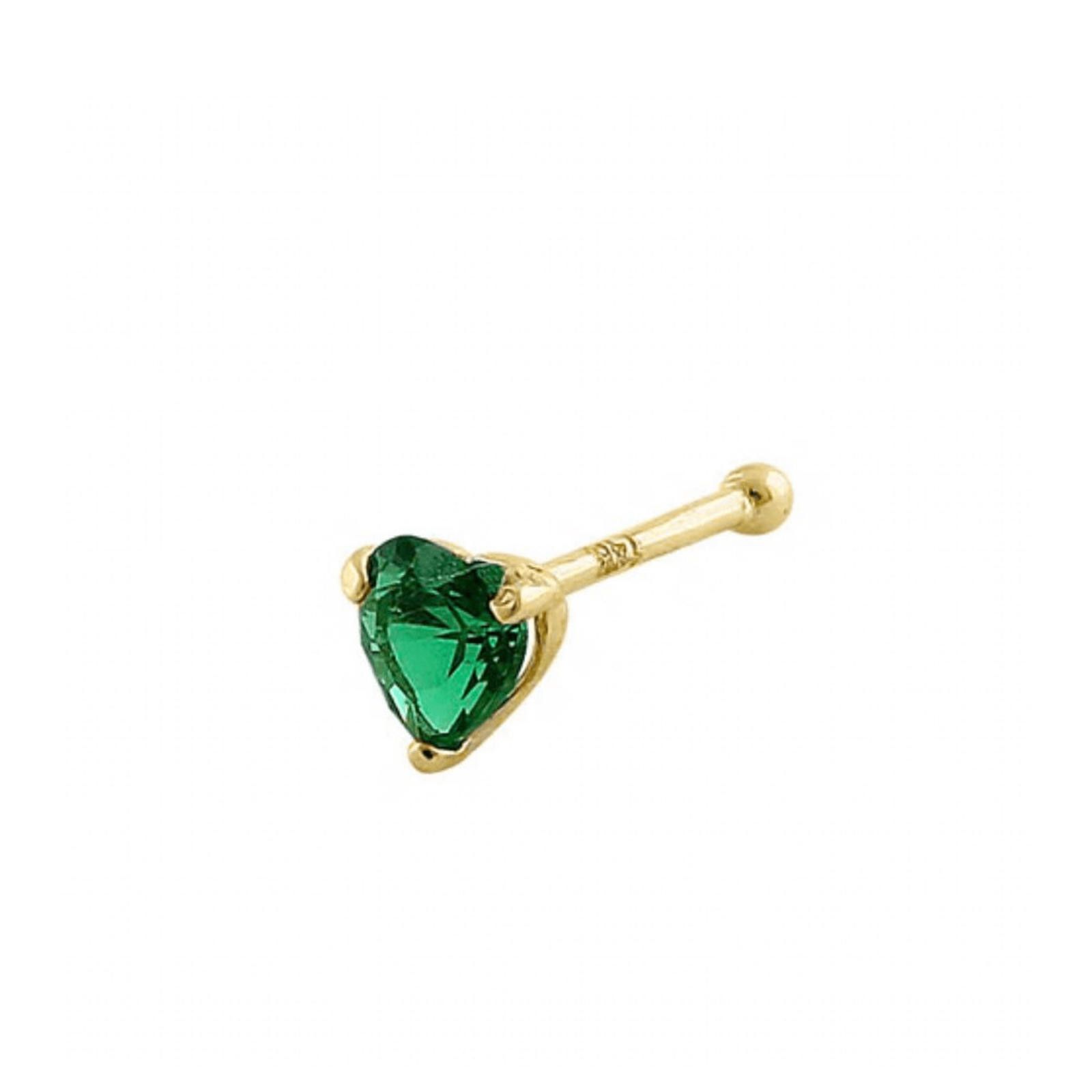 NBDN Nobrandedon Solid 14K Yellow Gold Green Emerald Heart CZ Nose Stud Size ONE SIZE - 1 Thumbnail