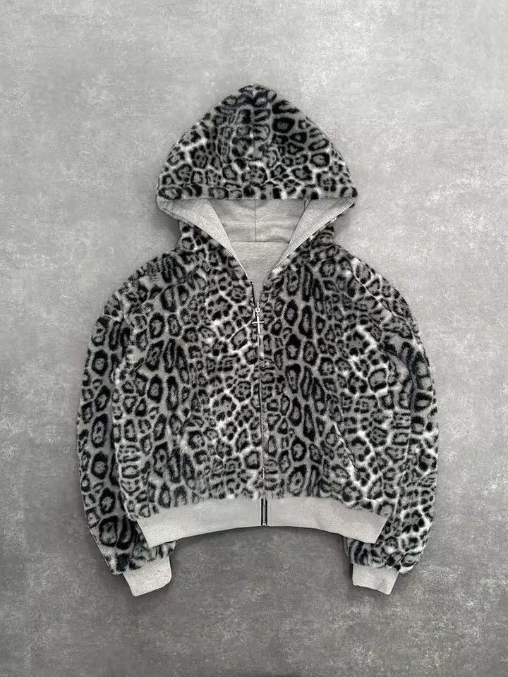 Japanese Brand Grey Leopard Print Reversible Fleece Zip Hoodie – Streetwear Size US M / EU 48-50 / 2 - 3 Thumbnail
