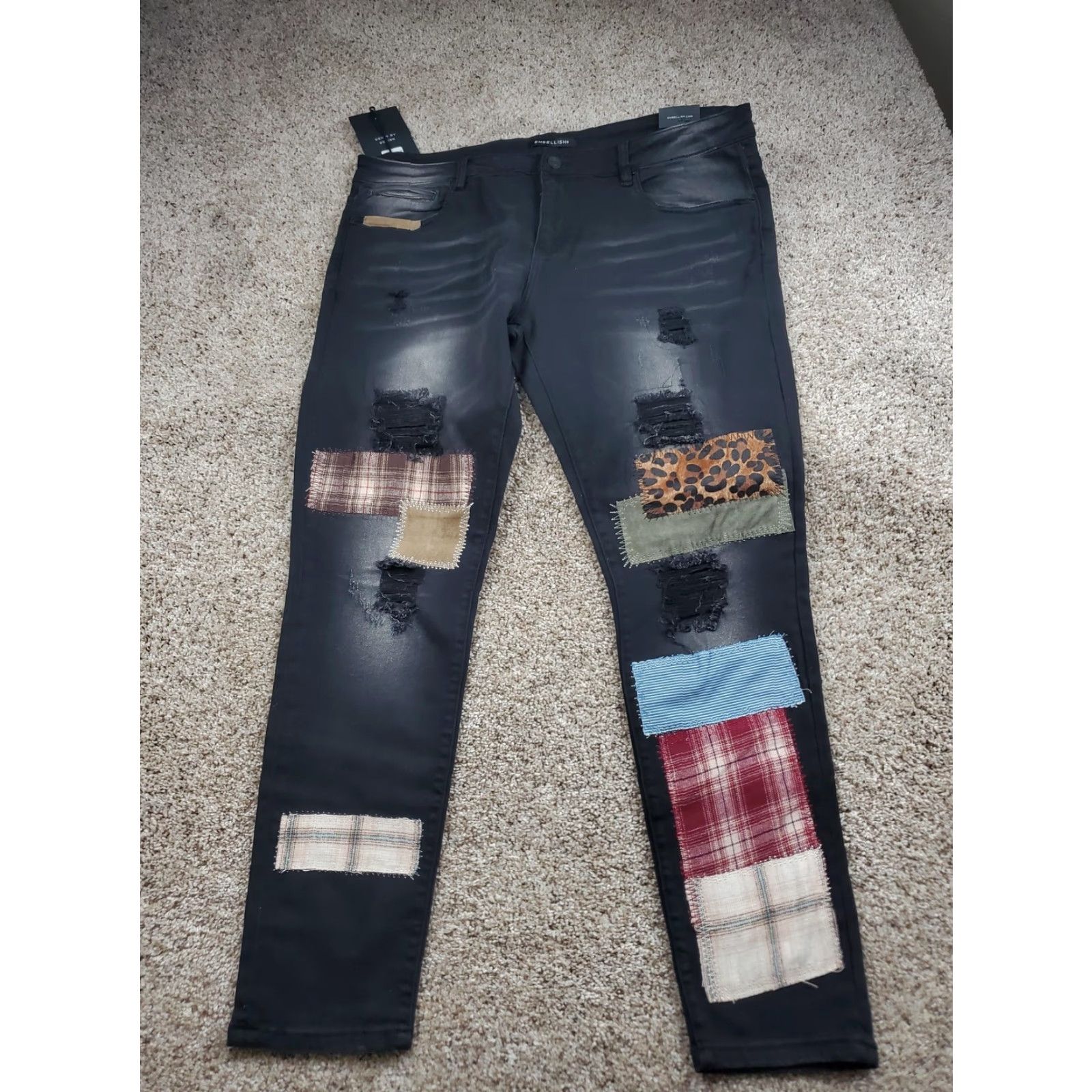 Denime Embellish Jeans Mens 42 Black Patchwork Distressed Skinny Denim Pants NWT Size US 42 / EU 58 - 2 Thumbnail
