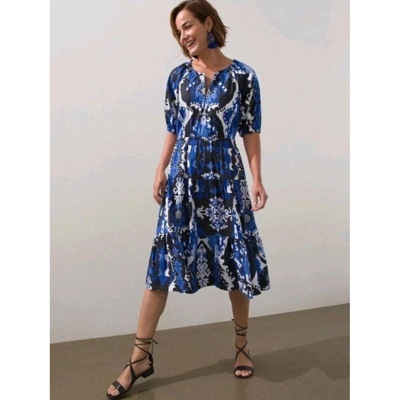 Chicos Chico's Ikat Puff Sleeve Cotton Tiered Midi Dress Size 00 U Size XS / US 0-2 / IT 36-38 - 2 Thumbnail