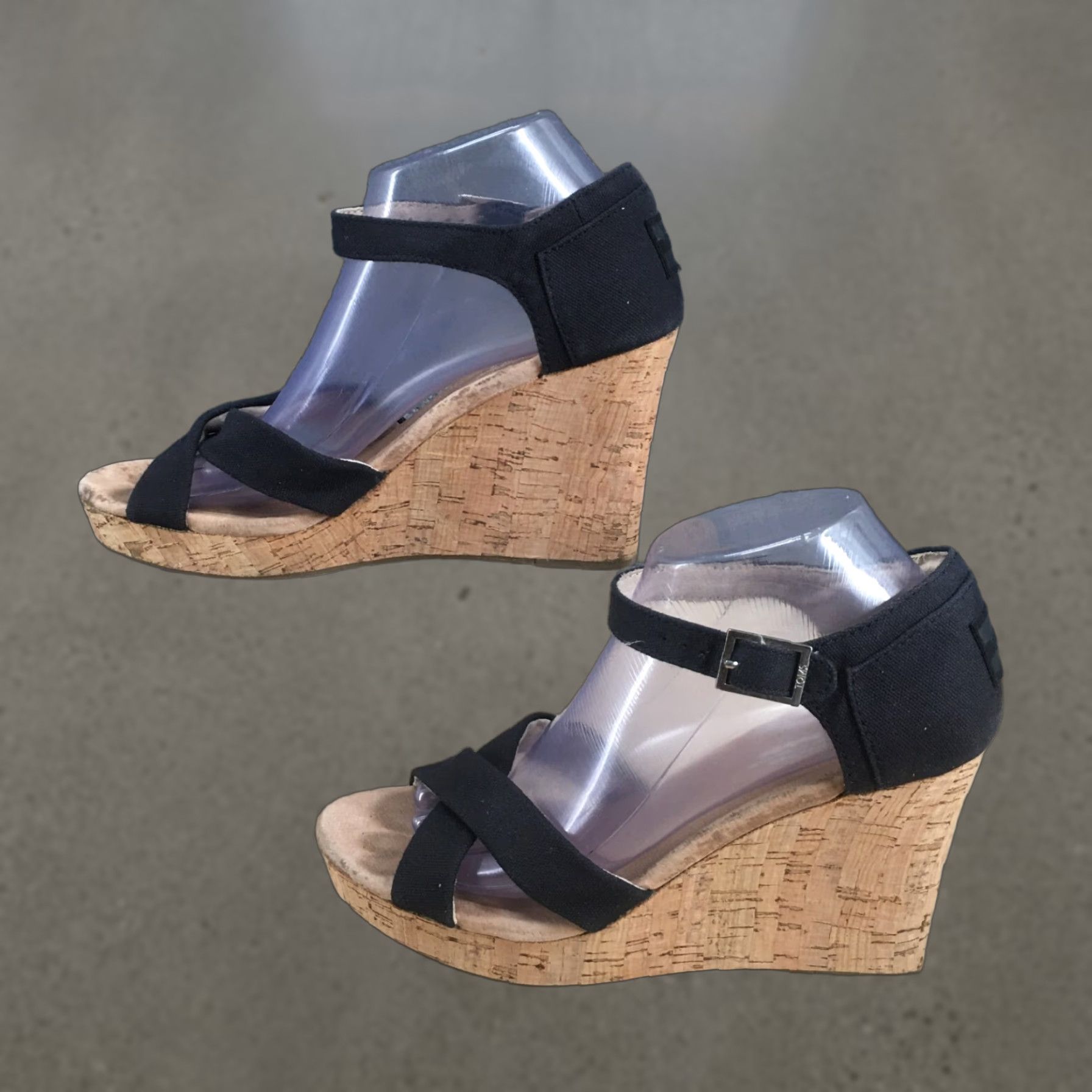 Toms TOMS Sandals Womens 9 Clarissa Ankle Strappy Black Wedge Cork Buckle Casual Size US 9 / IT 39 - 1 Thumbnail