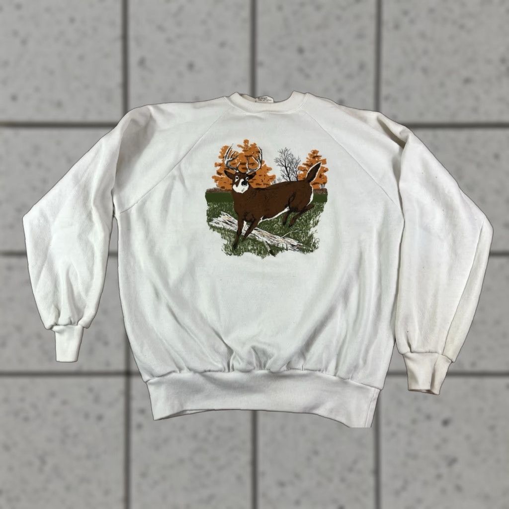 Vintage VINTAGE 80s Hunting Nature Whitetail Deer Pullover Raglan White Sweatshirt XL Mens White Graphic Print Fleece Pullover 80s Theme Size US XL / EU 56 / 4 - 1 Thumbnail