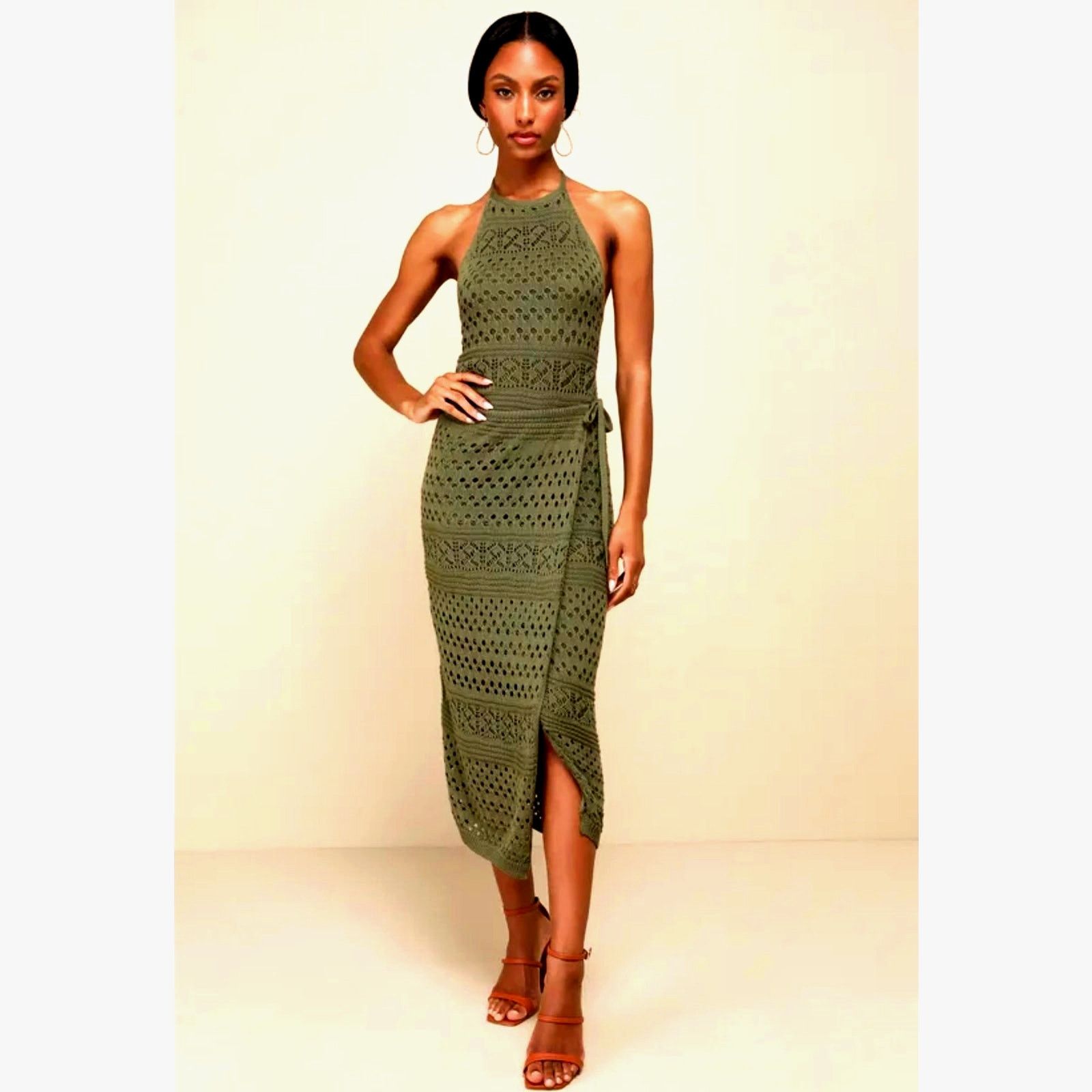 Other Lulu's Blissful Strolls Crochet Wrap Halter Midi Olive L Size L / US 10 / IT 46 - 2 Thumbnail