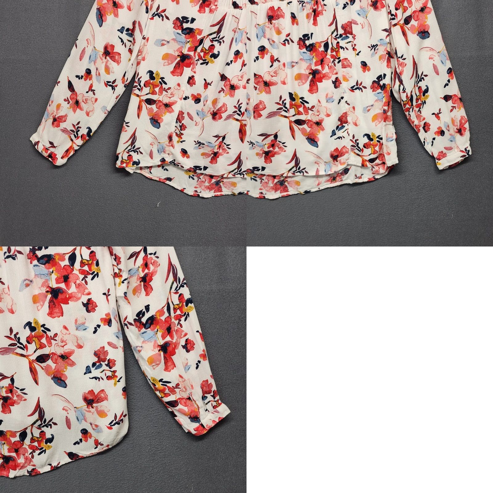 Lucky Brand Lucky Brand Top Womens Large White Red Floral Popover Ruched V Neck Lightweight Blouse Long Sleeve Size L / US 10 / IT 46 - 9 Thumbnail