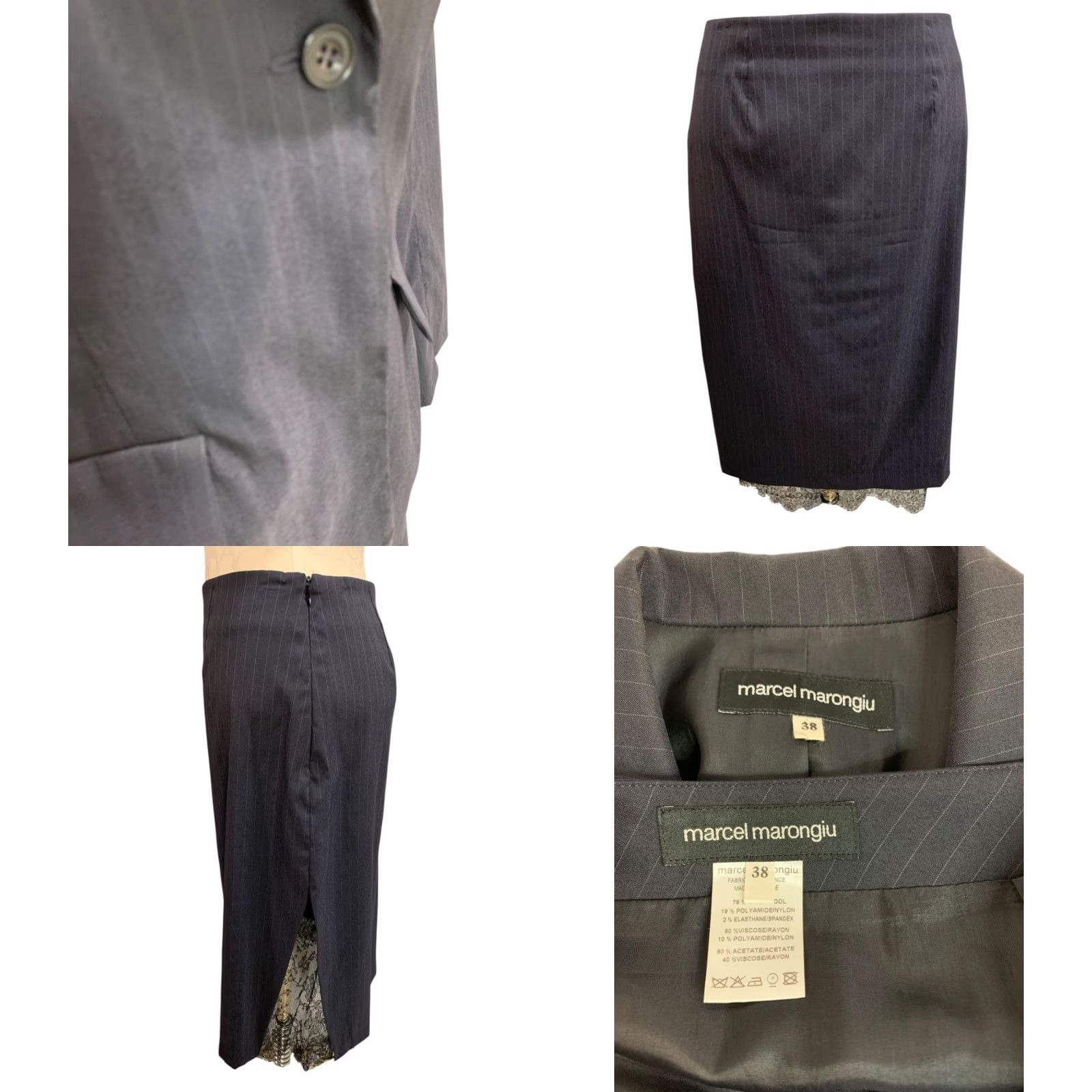 Vintage VINTAGE Marcel Marongiu Skirt Suit Black Pinstripe Lace Trim Size 38 Women Size 26" / US 2 / IT 38 - 8 Thumbnail