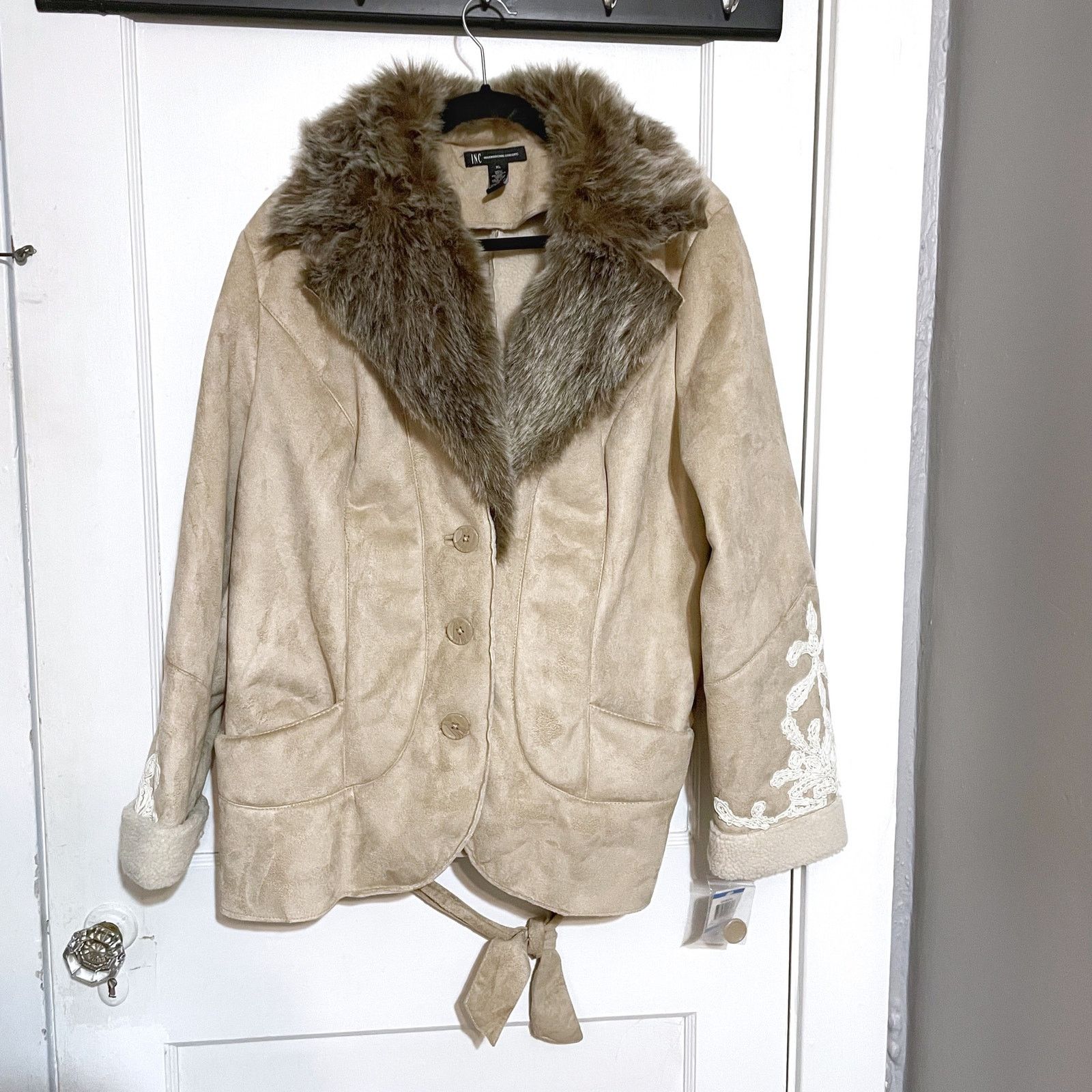 I.N.C NEW INC Coat Jacket Faux Suede Faux Fur Collar Belt Size XL Size XL / US 12-14 / IT 48-50 - 1 Thumbnail