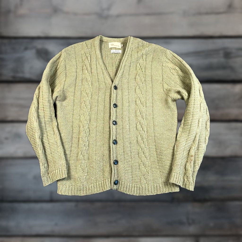 VINTAGE J. C. Penney Cardigan Sweater Adult M Green 60s Cable-Knit Wool-polyester blend knit Mens