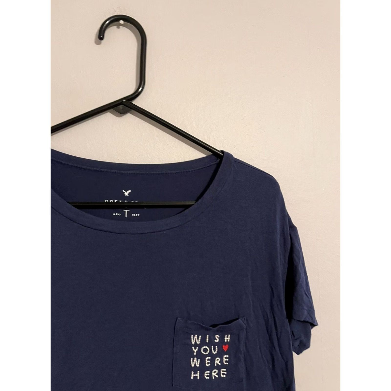 American Eagle Outfitters American Eagle AEO Soft & Sexy Wish You Were Here Pocket T-Shirt Blue Women's XS Size XS / US 0-2 / IT 36-38 - 2 Thumbnail