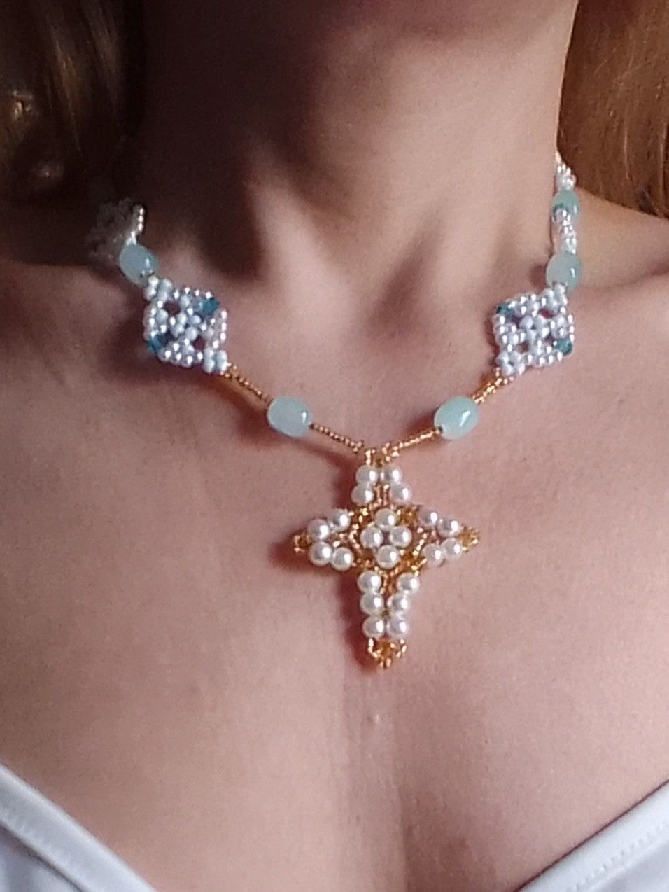Other Necklace Cross Pearls Blue gemstones vintage style Size ONE SIZE - 5 Thumbnail