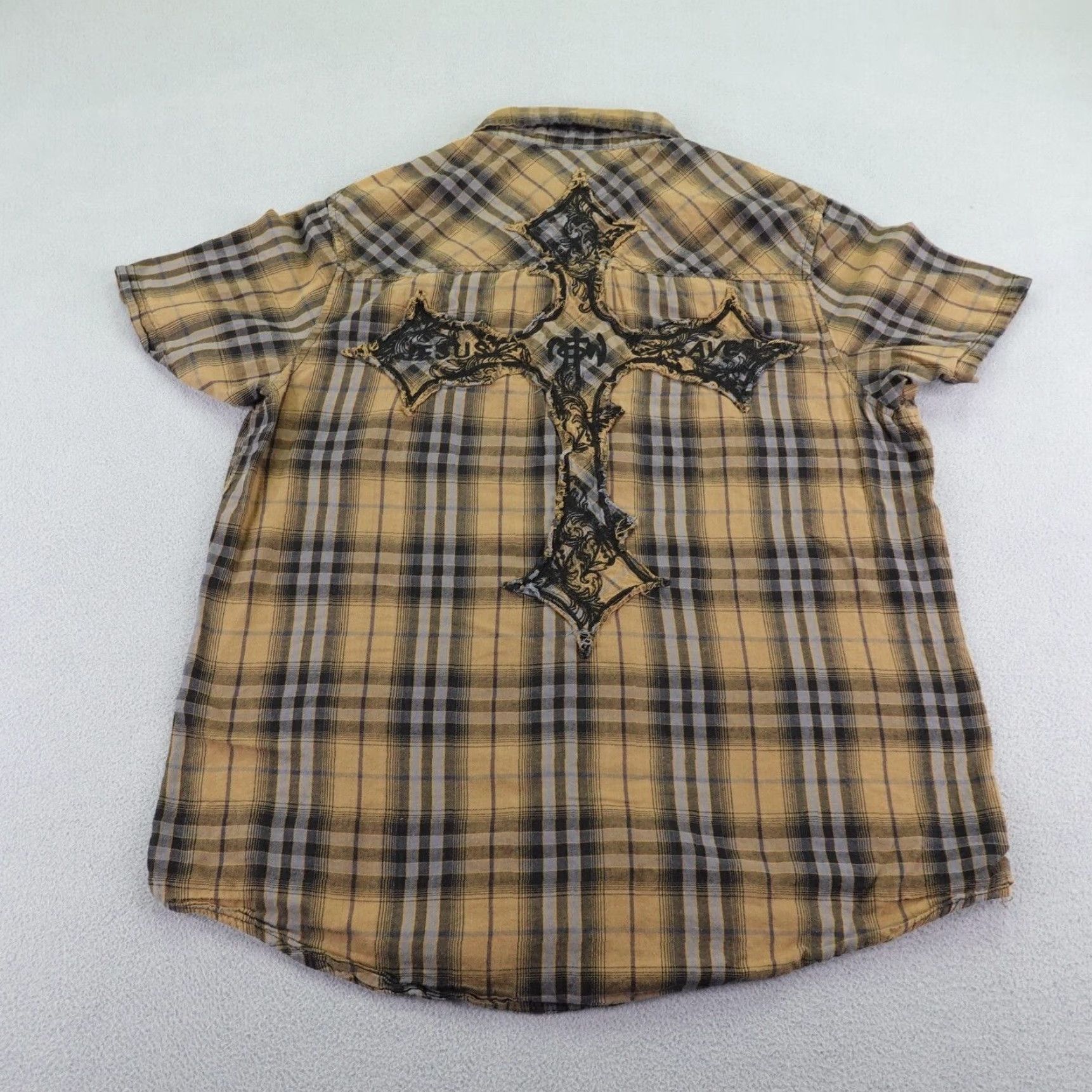 Vintage VINTAGE Not Of This World Shirt Mens Medium Brown Plaid Pearl Snap Collared Short Sleeve Cotton Button-Up NOTW 90s/Religious Mens M Brown Size US M / EU 48-50 / 2 - 7 Thumbnail