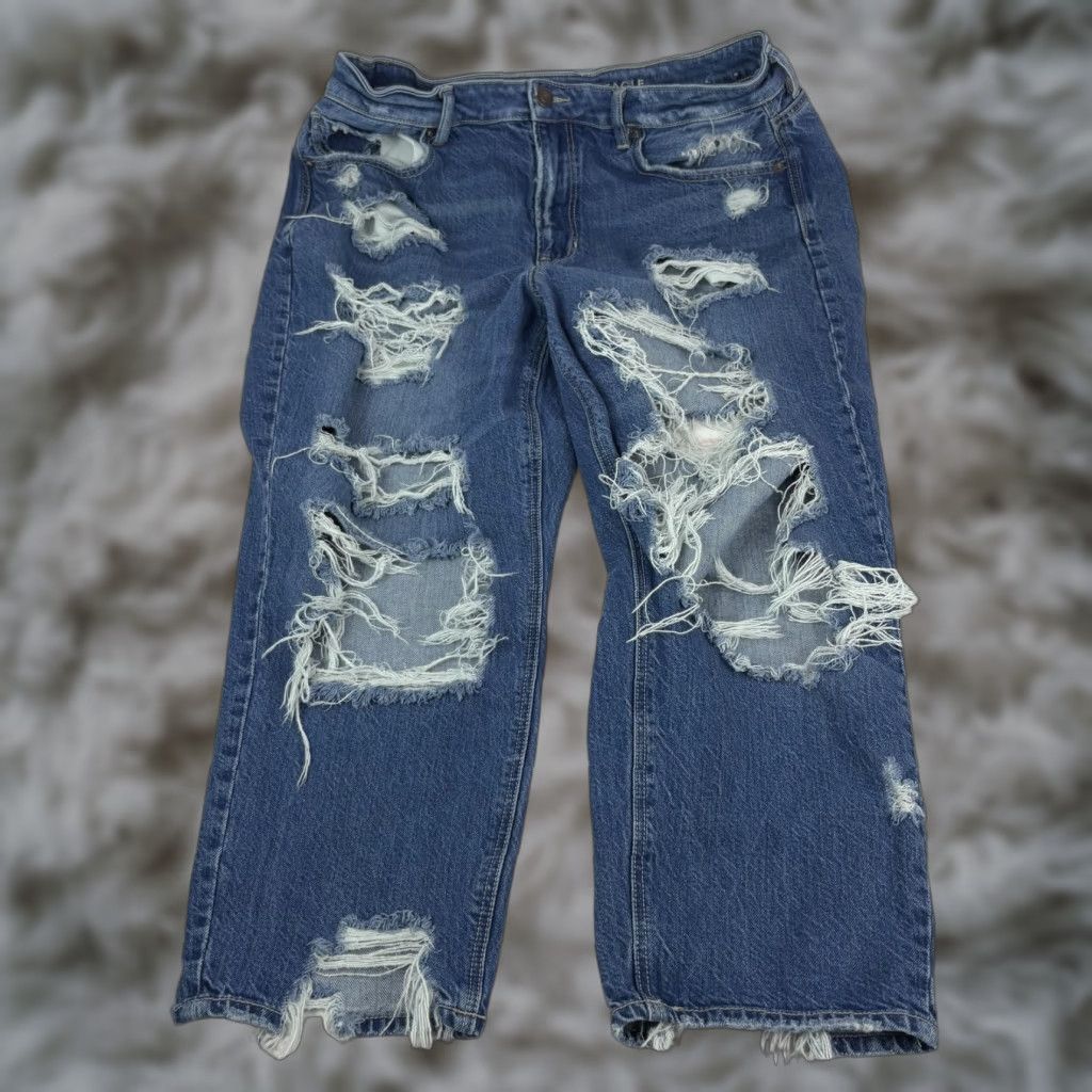 American Eagle Outfitters American Eagle Jeans Womens 14 X-Short Blue Mom Jean Distressed Ripped Cropped Size 36" / US 14 / IT 50 - 1 Thumbnail