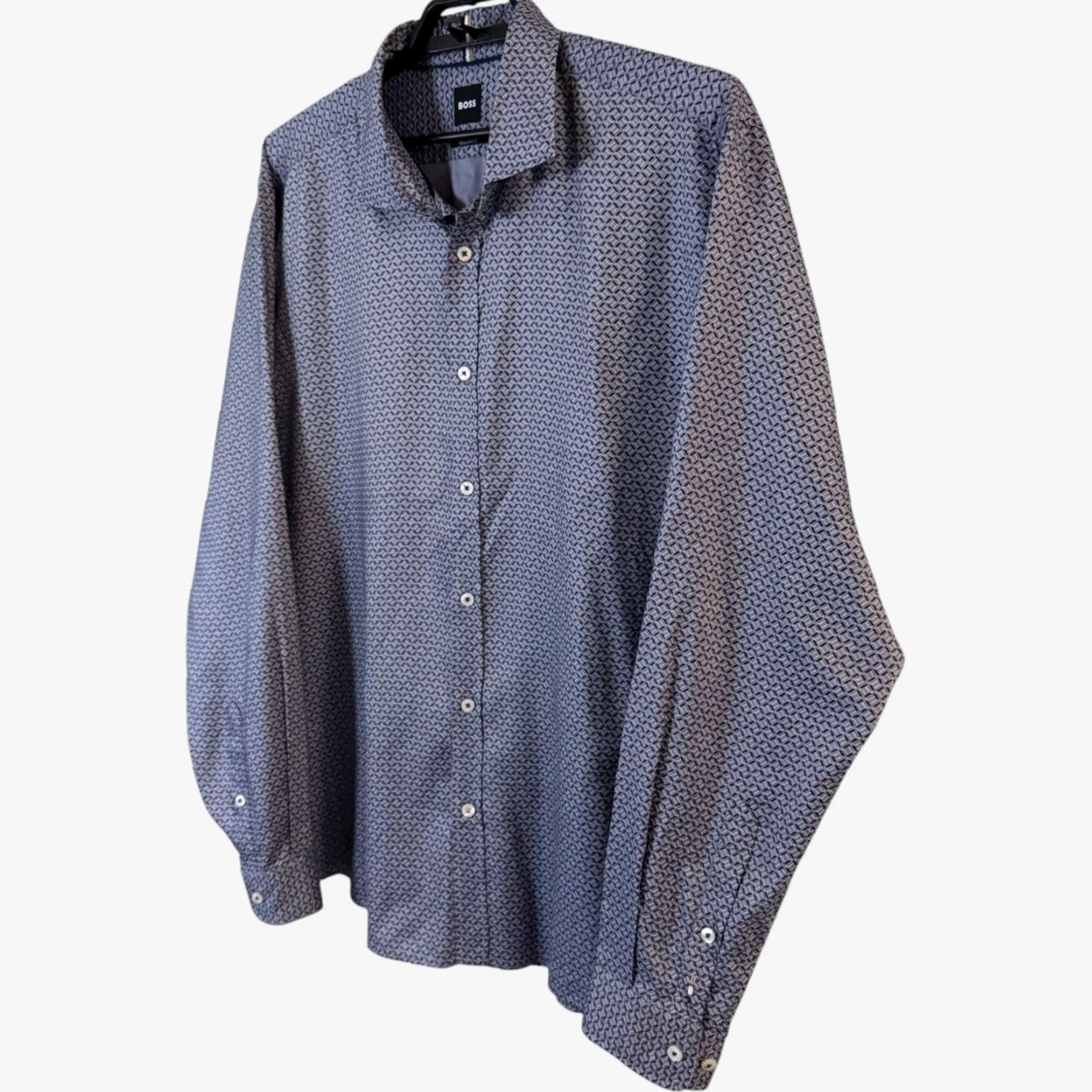 Hugo Boss HUGO BOSS Dress Shirt Liam Regular Fit Geometric Button-Up Lyocell Blue 2XL Mens Size 48R - 2 Thumbnail