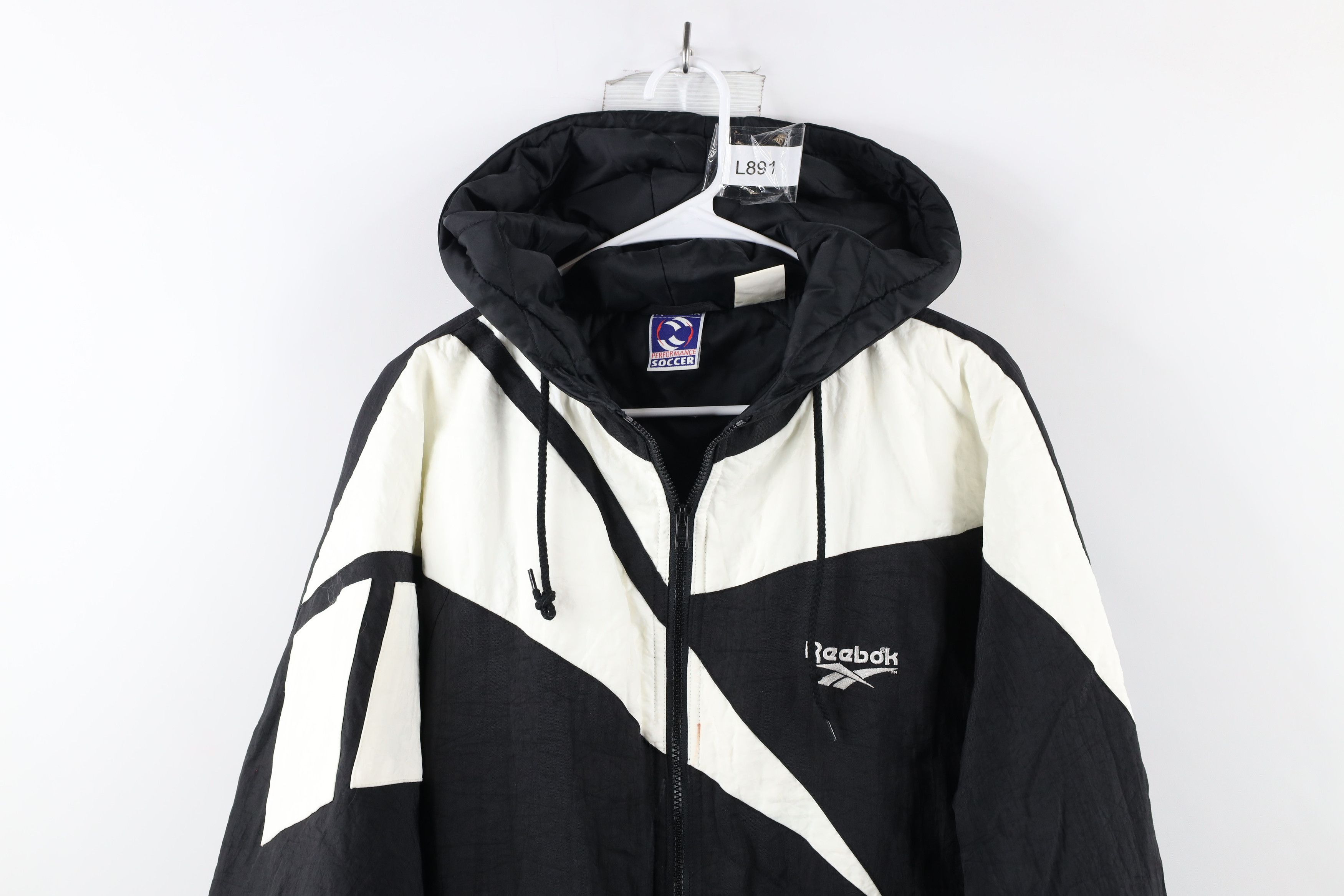 Vintage 90s Reebok Soccer Out Big Logo Hooded Puffer Jacket