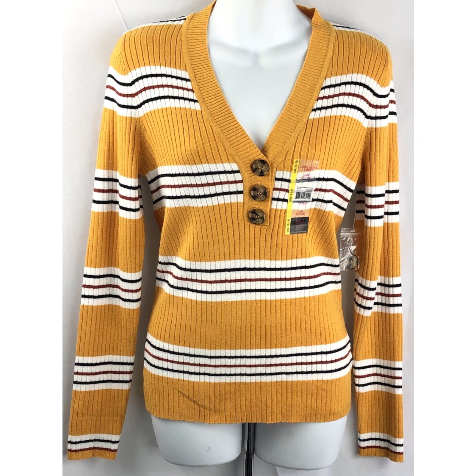 Vintage NWT Henley Sweater Top L Juniors Gold Stripe 3 Button V-Neck Long Sleeve Boho Preppy City College Grunge Hipster Womens Size L / US 10 / IT 46 - 5 Thumbnail