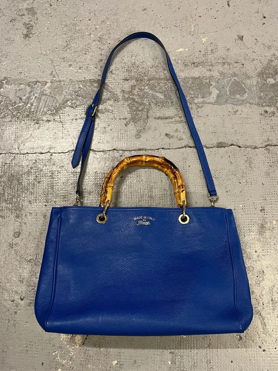 Gucci 2000s Gucci Blue Leather Bamboo Handle Tote Bag Size ONE SIZE - 1 Thumbnail