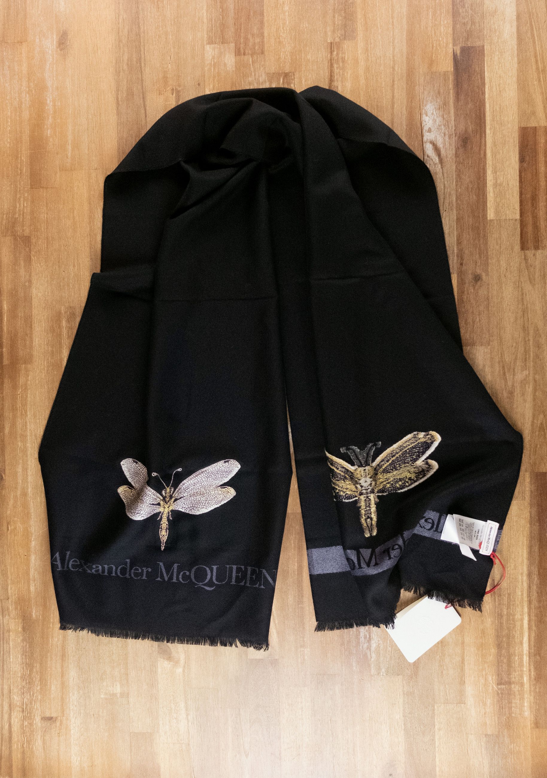 Alexander McQueen ALEXANDER MCQUEEN black Dragonfly print wool scarf q Size ONE SIZE - 7 Thumbnail