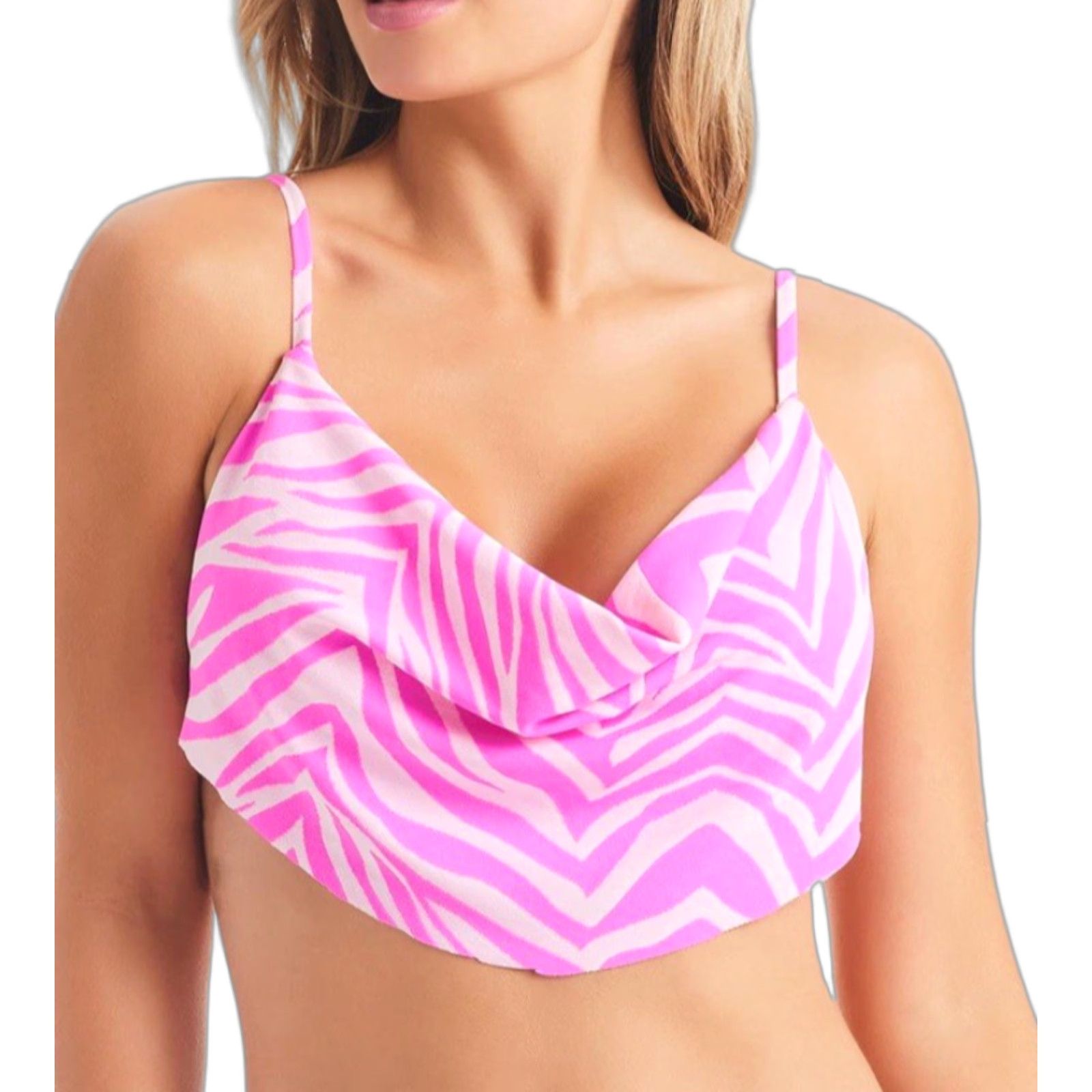 Jessica Simpson NWT Jessica Simpson Women’s Cowl Neck Bikini Top Swimsuit - Pink/White - Size XL - Zebra Stripes - Nylon, Polyester, Spandex - Swim Top - Women - XS? Size XL / US 12-14 / IT 48-50 - 1 Thumbnail