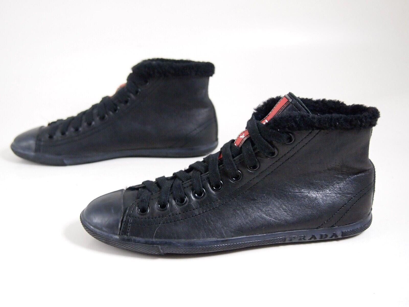 Prada Prada High Top Sneakers Black Leather Fur Trim EU 36 US 6 Size US 6 / IT 36 - 2 Thumbnail