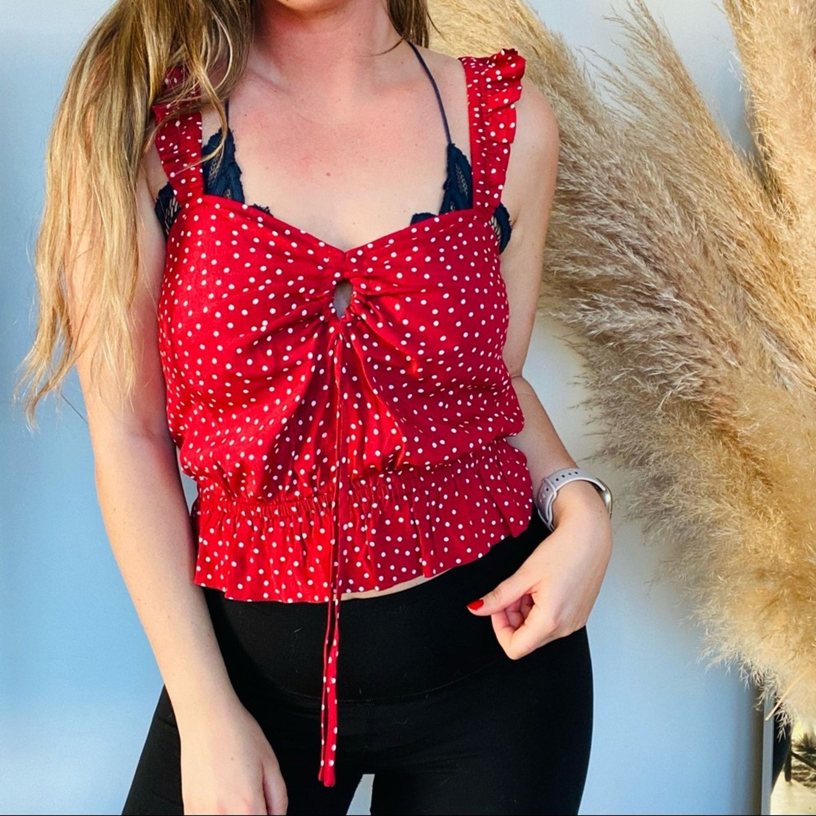 Express NEW EXPRESS Red White Polka Dot Ruffle Tank Top Crop Shirt Size XS / US 0-2 / IT 36-38 - 2 Thumbnail