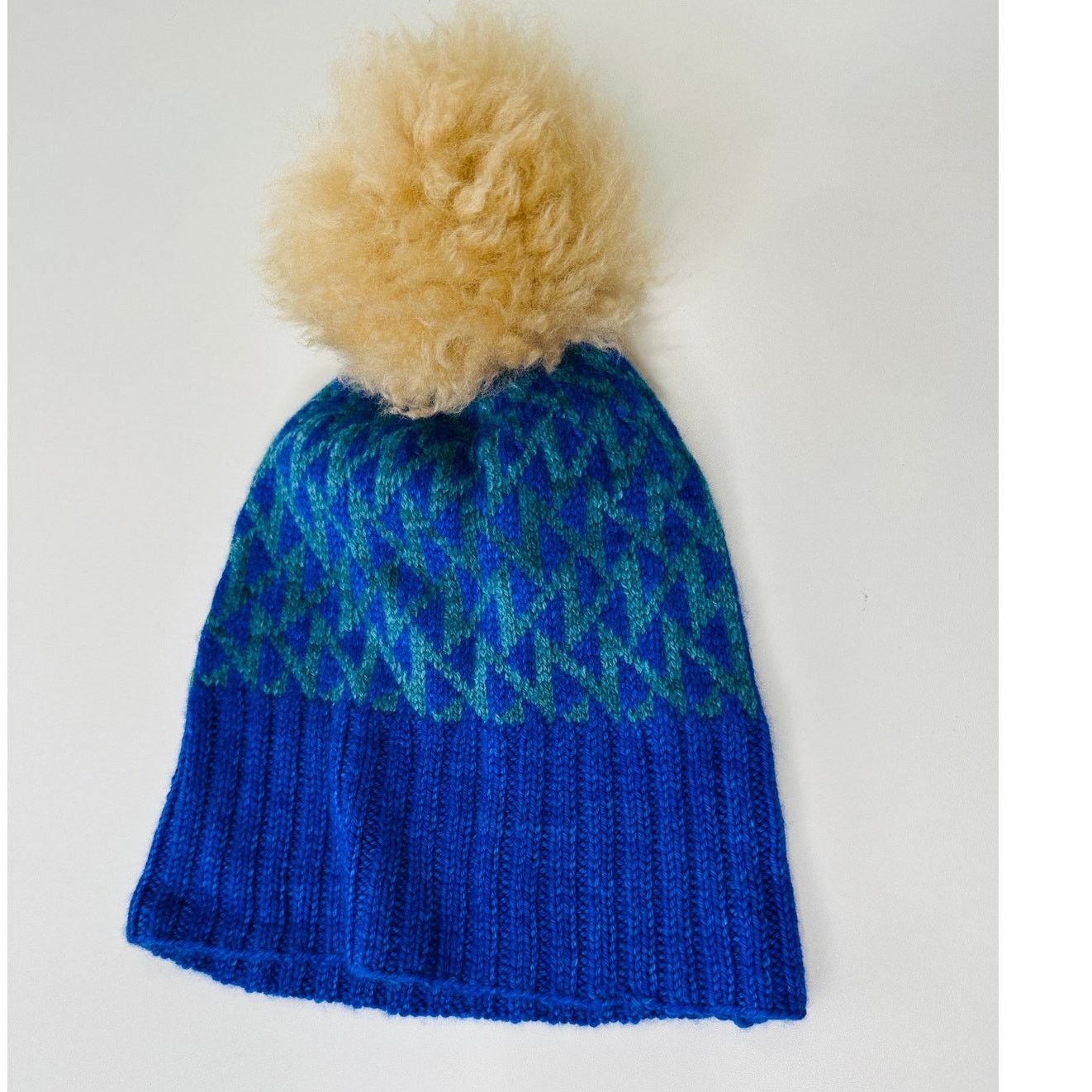 Other Blue Green Triangle Print Knit Beanie Tan Pom Pom OS Size ONE SIZE - 4 Thumbnail
