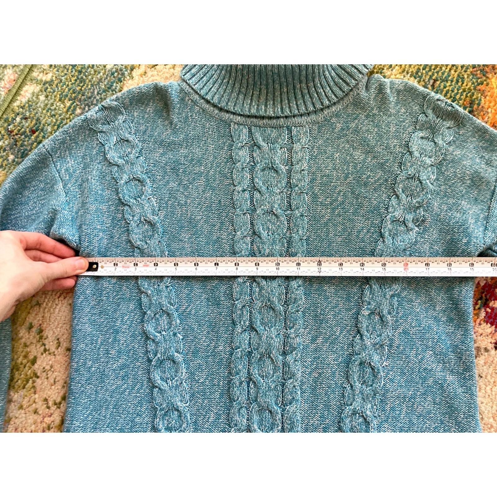 Vintage L.L. Bean Sweater Womens Large Turquoise Cotton Cable Knit Turtleneck Size L / US 10 / IT 46 - 5 Thumbnail