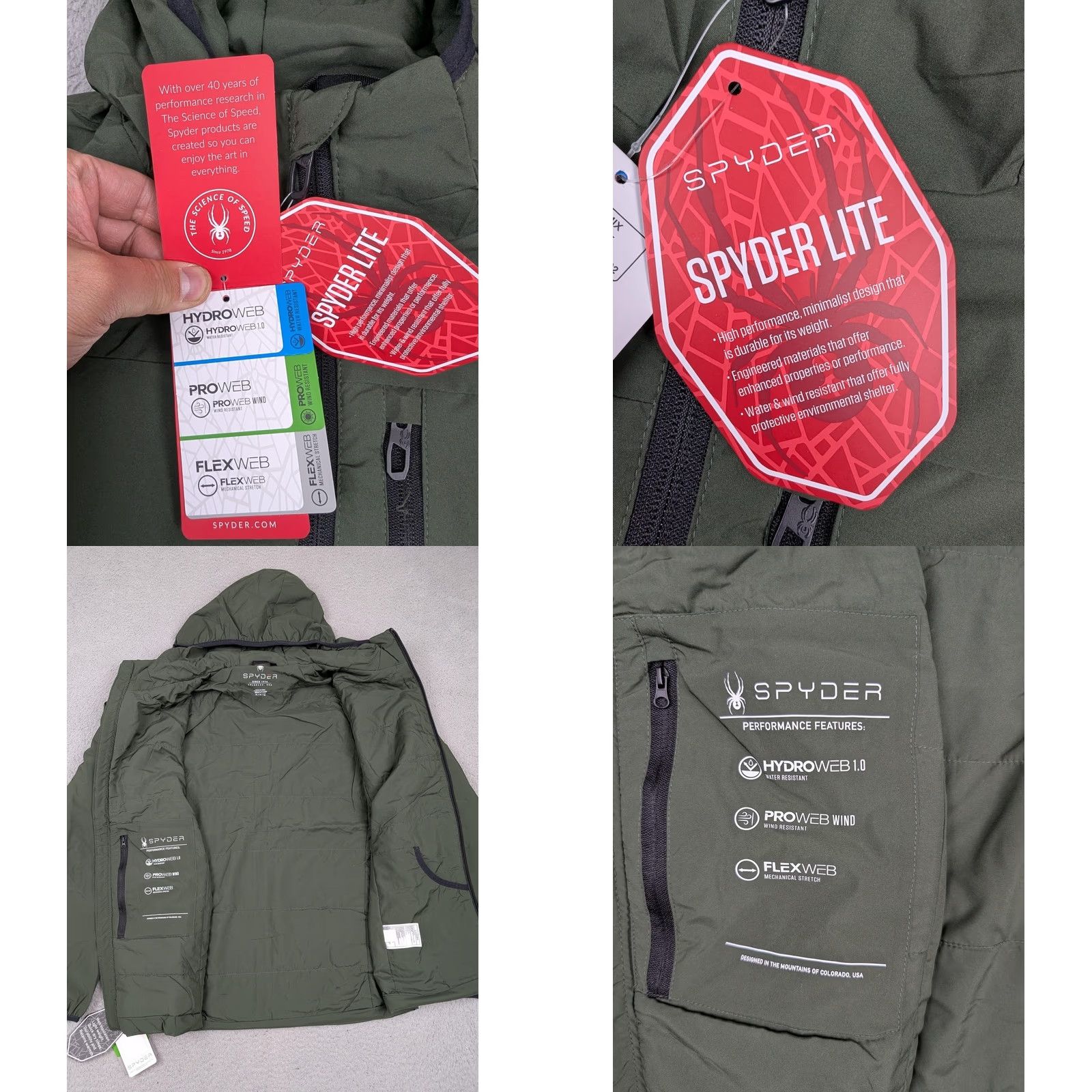 Spyder Spyder Jacket Mens M Olive Windbreaker Hooded Lightweight Hydroweb Proweb Flexweb Full Zip Pockets Water Resistant Wind-Resistant Size US M / EU 48-50 / 2 - 8 Thumbnail