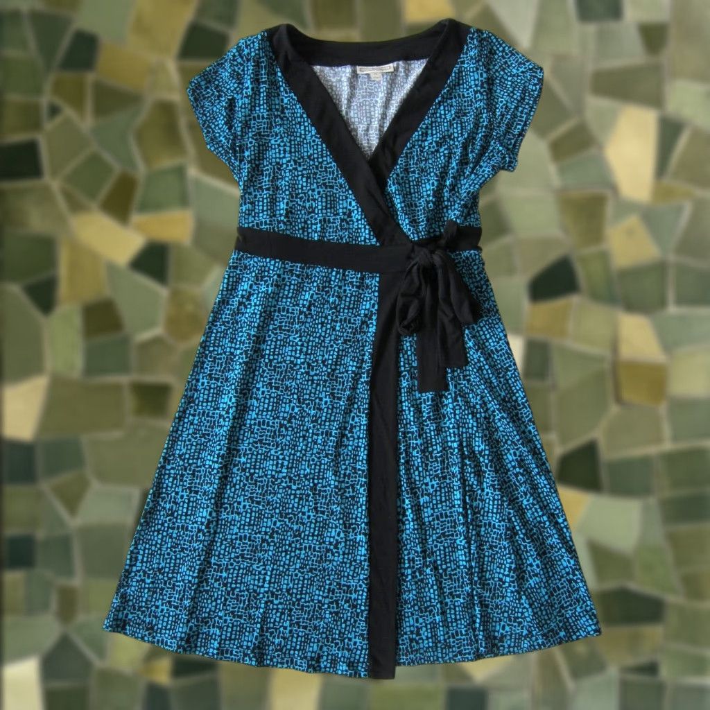 Vintage Dana Buchman Blue Black Polka Dot Stretch Short Sleeve Wrap Dress Women Medium Size 32" / US 10 / IT 46 - 1 Thumbnail
