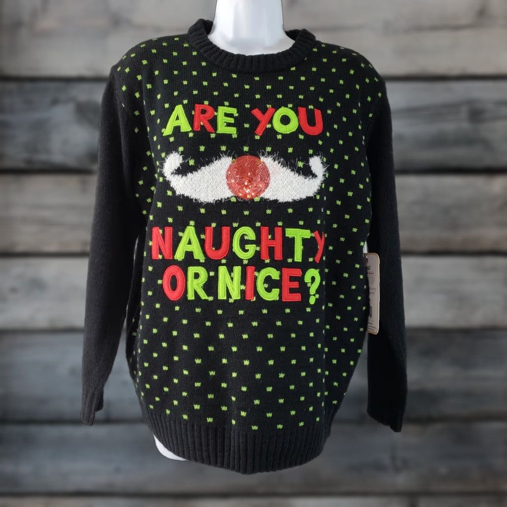 Vintage Ugly Christmas Sweater Womens Sz Medium Black Green Mustache Naughty or Nice Brand Great Christmas Sweater Slim Pullover Knit Acrylic Womens M Size M / US 6-8 / IT 42-44 - 1 Thumbnail