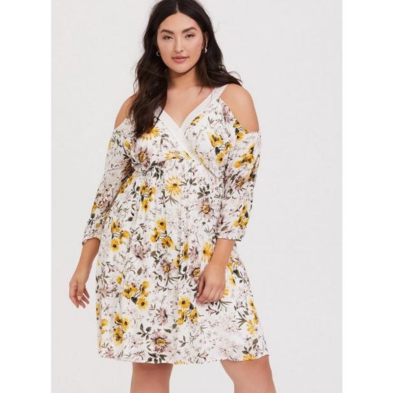 Torrid TORRID Size 1X Dress Ivory Floral Cold Shoulder Skater Dress Size XL / US 12-14 / IT 48-50 - 6 Thumbnail