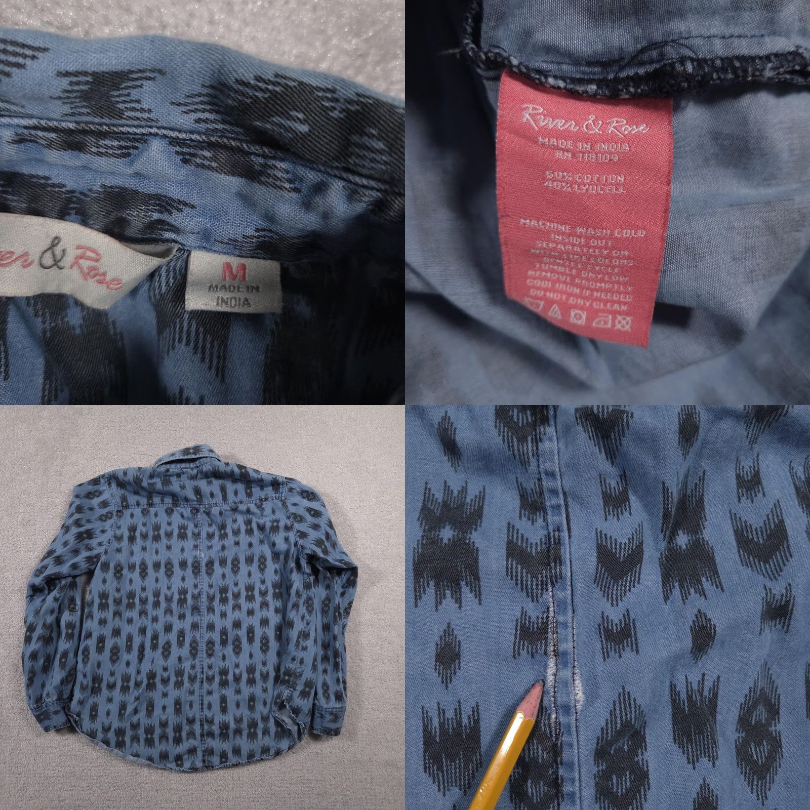 Vintage VINTAGE River & Rose Shirt Womens M Blue Aztec Ikat Popover Long Sleeve Cotton Boho Size M / US 6-8 / IT 42-44 - 8 Thumbnail