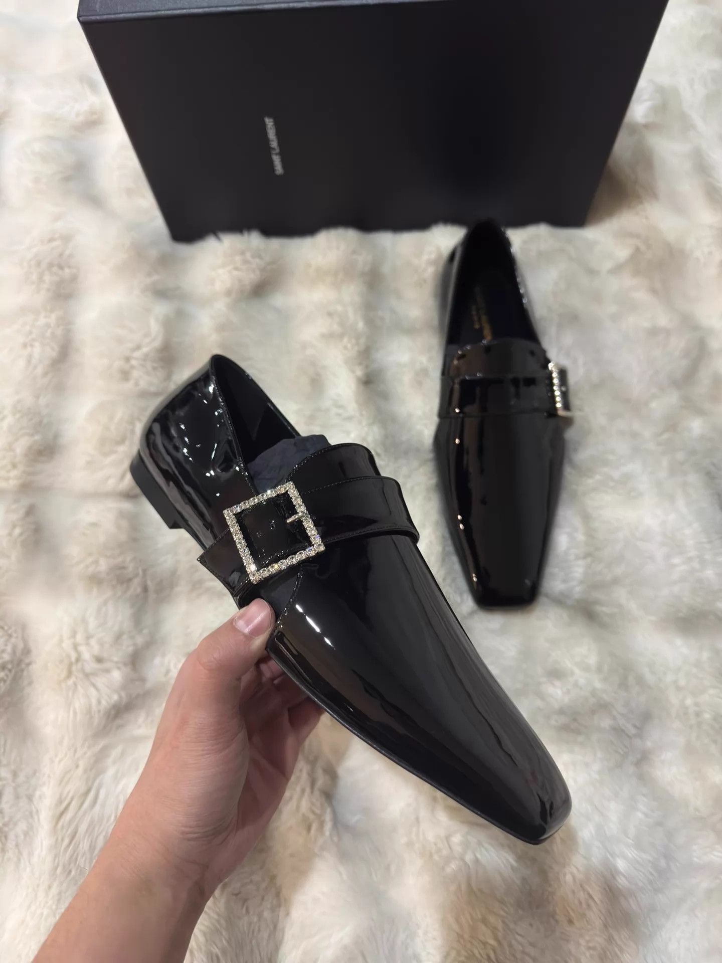 Yves Saint Laurent YSL Crystal Square Buckle Lacquer Leather Loafer 42 Size US 9 / EU 42 - 4 Thumbnail