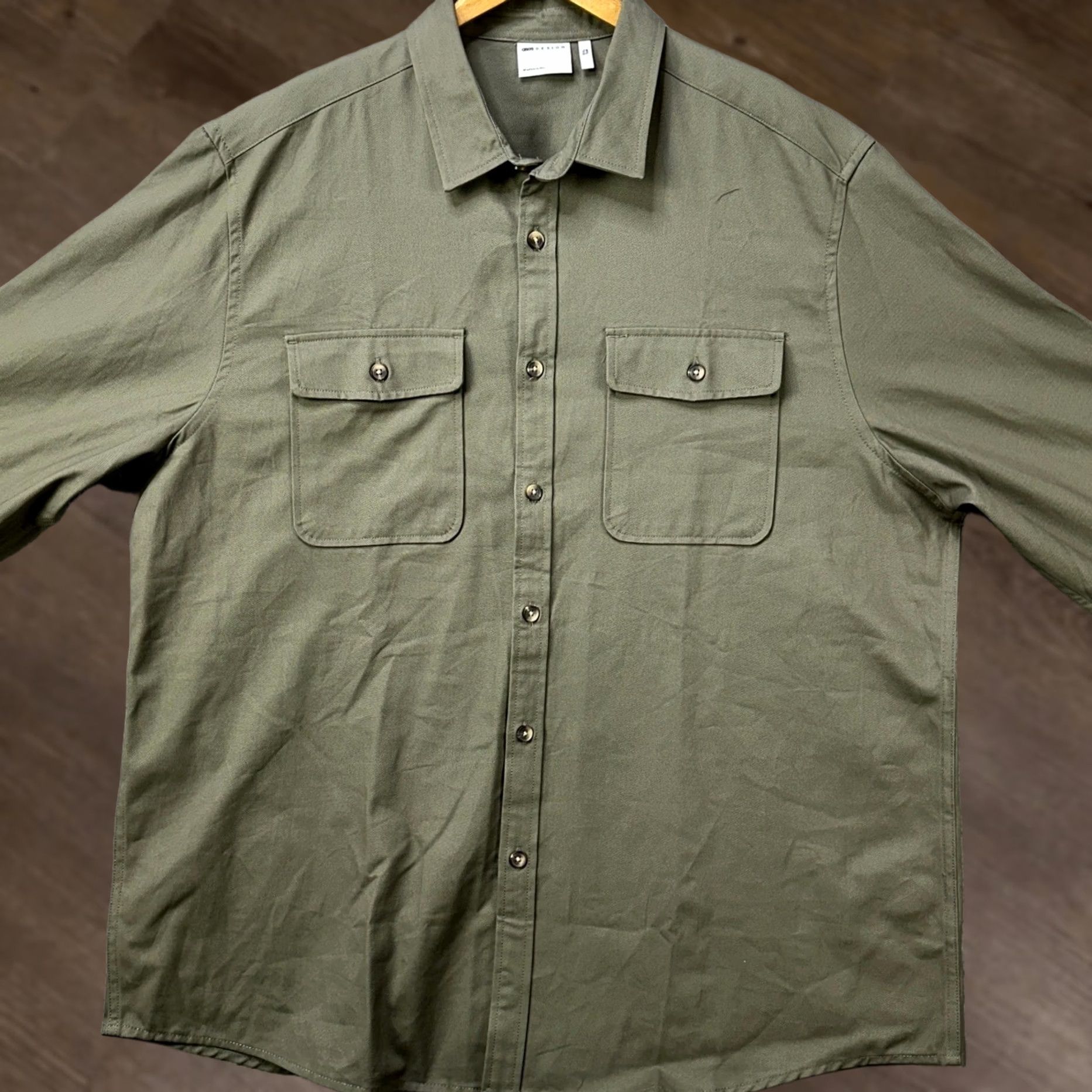 Vintage ASOS DESIGN Mens 3XL Tall Shirt Button Up Olive Green Flap Pockets Casual Workwear Long Sleeve Collared Chest 56in Green 3XLT Mens Size US XXL / EU 58 / 5 - 1 Thumbnail