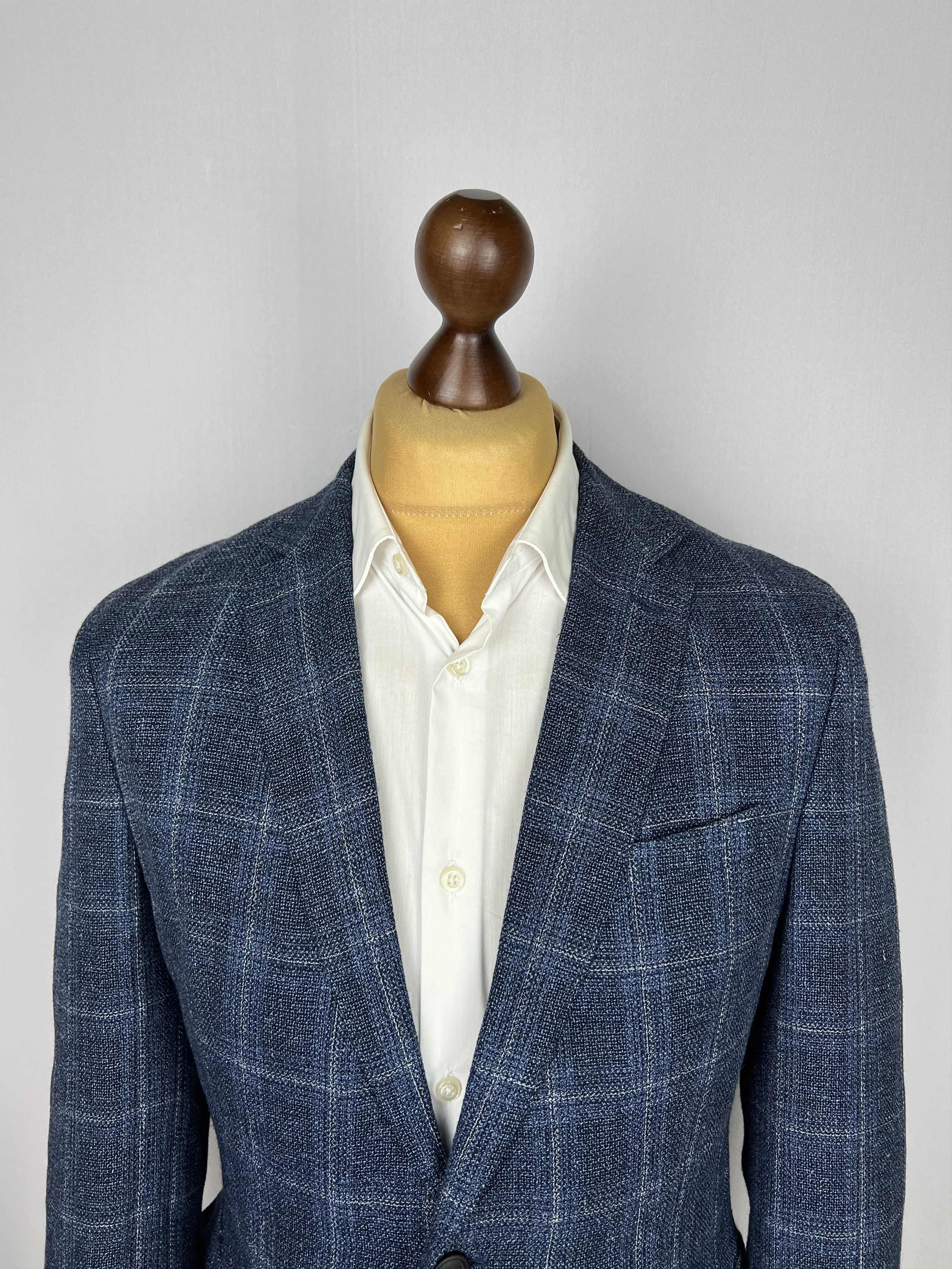 Hugo Boss Navy Windowpane Check Wool\Linen Sport Coat Size 40R - 4 Thumbnail