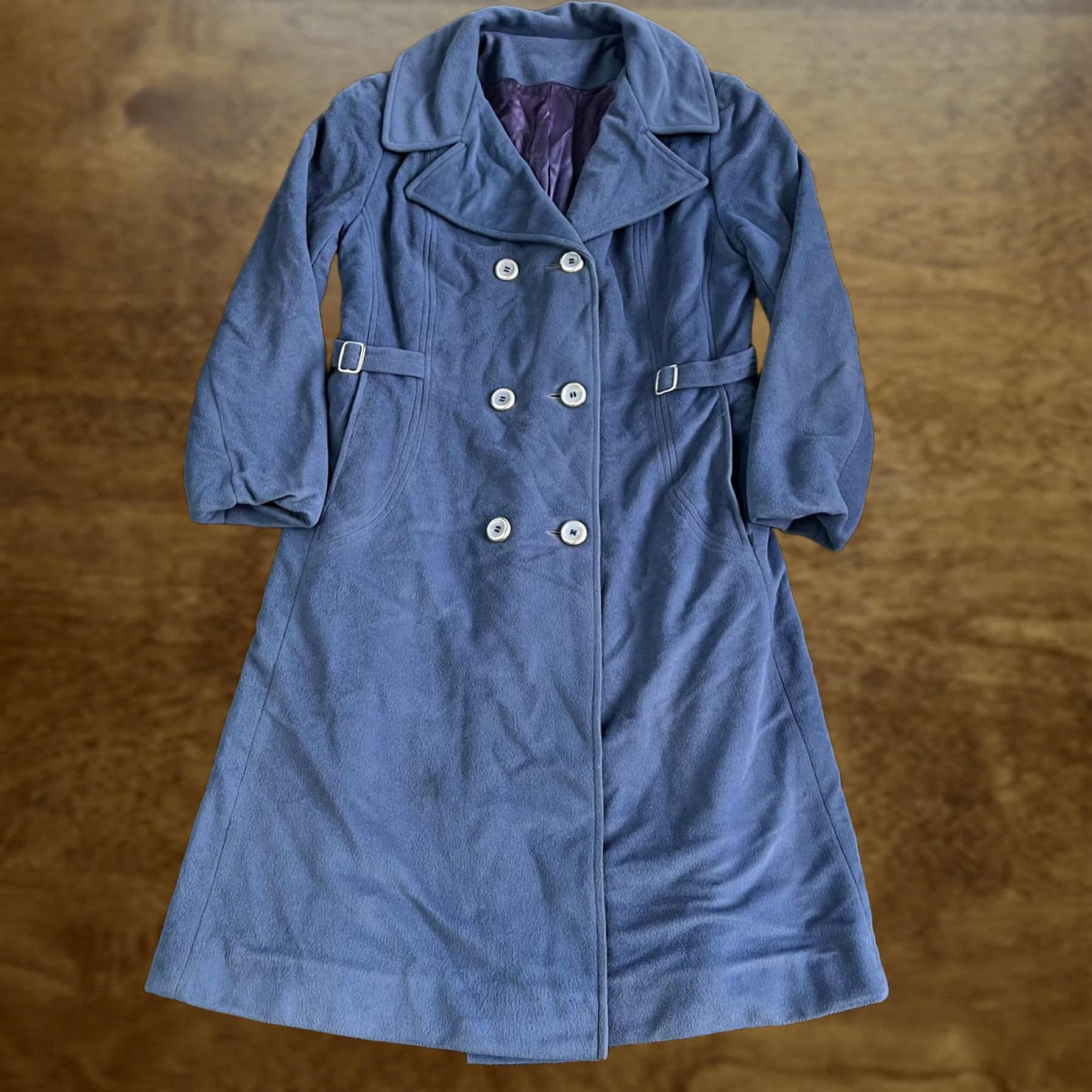 Doublet VINTAGE Susan Lynn Coat Womens M Blue Suede Cloth Double Breasted Belted Shoestring Detail Size M / US 6-8 / IT 42-44 - 1 Thumbnail