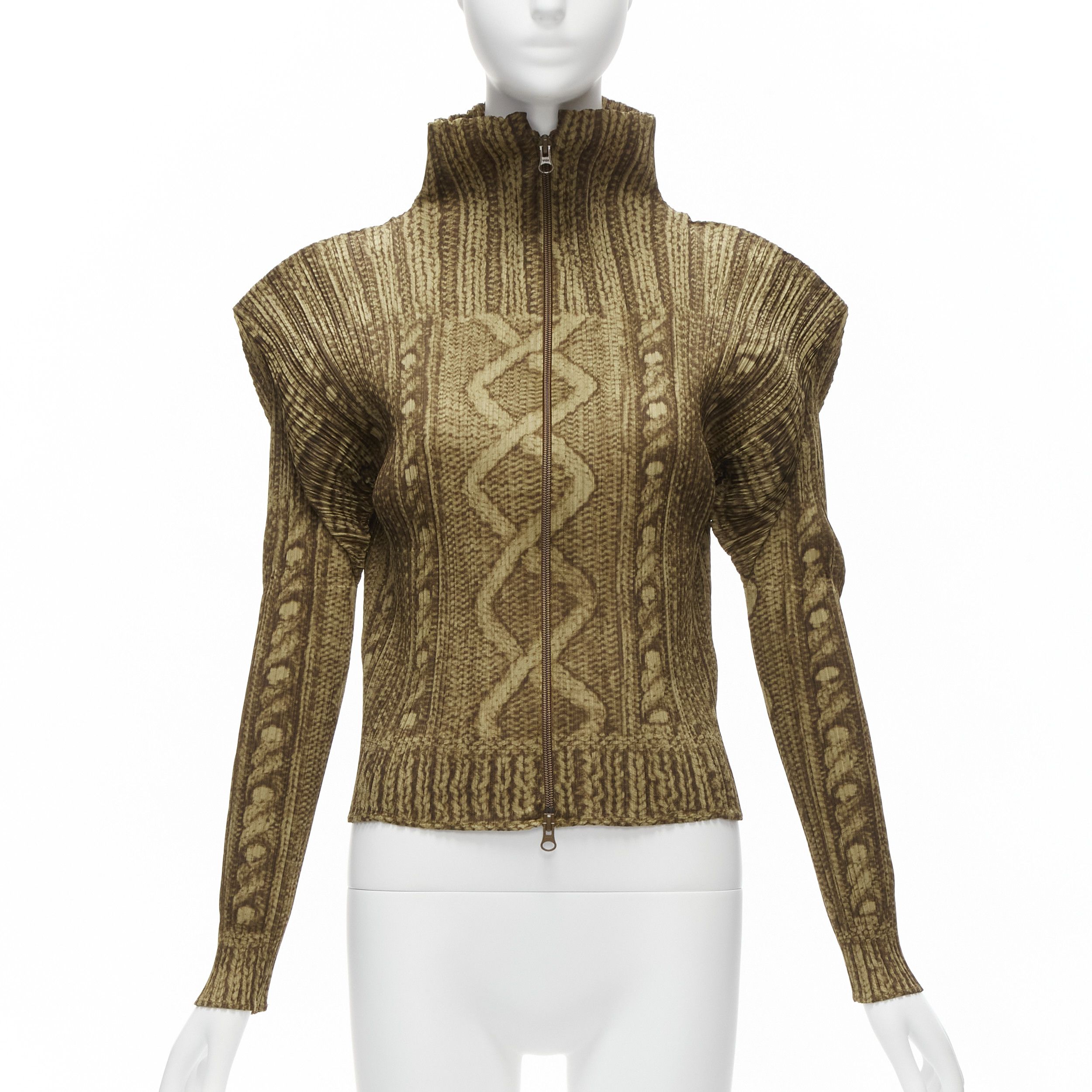 Issey Miyake ISSEY MIYAKE PLEATS PLEASE brown tromp loeil cable knit zip up jacket JP4 XL Size L / US 10 / IT 46 - 1 Thumbnail