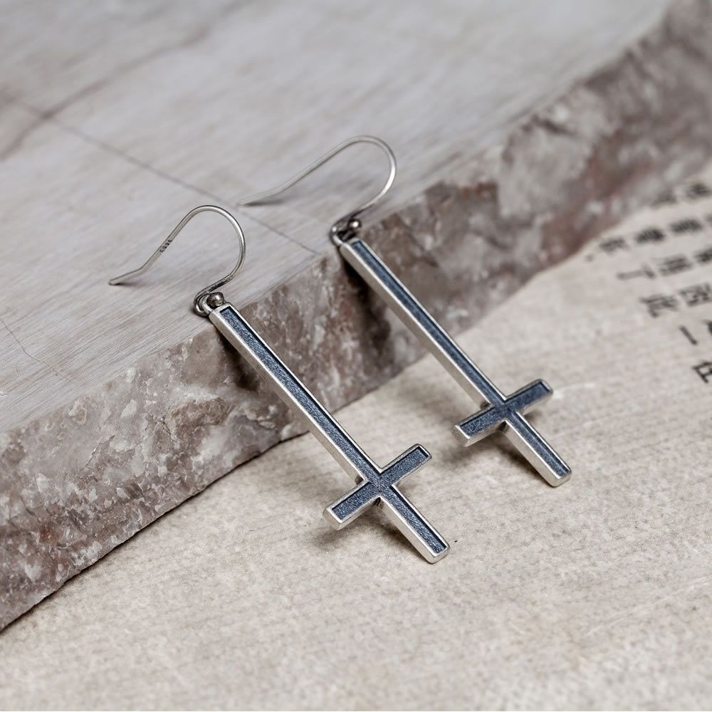 Jewelry Cross 925 Silver Punk Earrings One Pairs Chrome Jewelry Size ONE SIZE - 4 Thumbnail